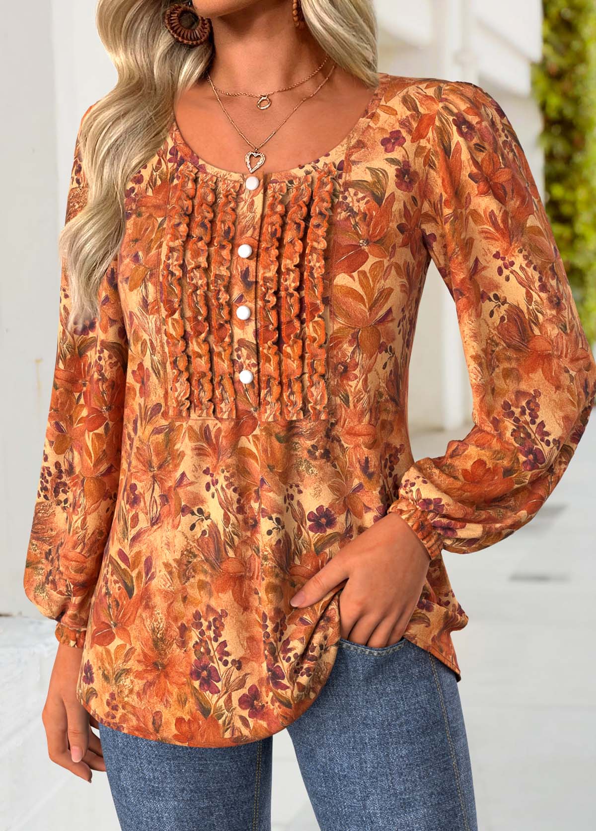 Floral Print Frill Terracotta Long Sleeve Round Neck Blouse
