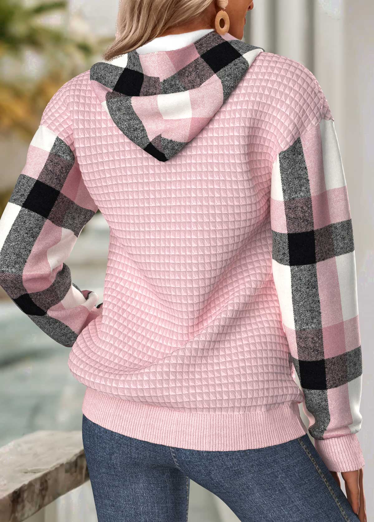 Plaid Tummy Coverage Light Pink Long Sleeve Hoodie