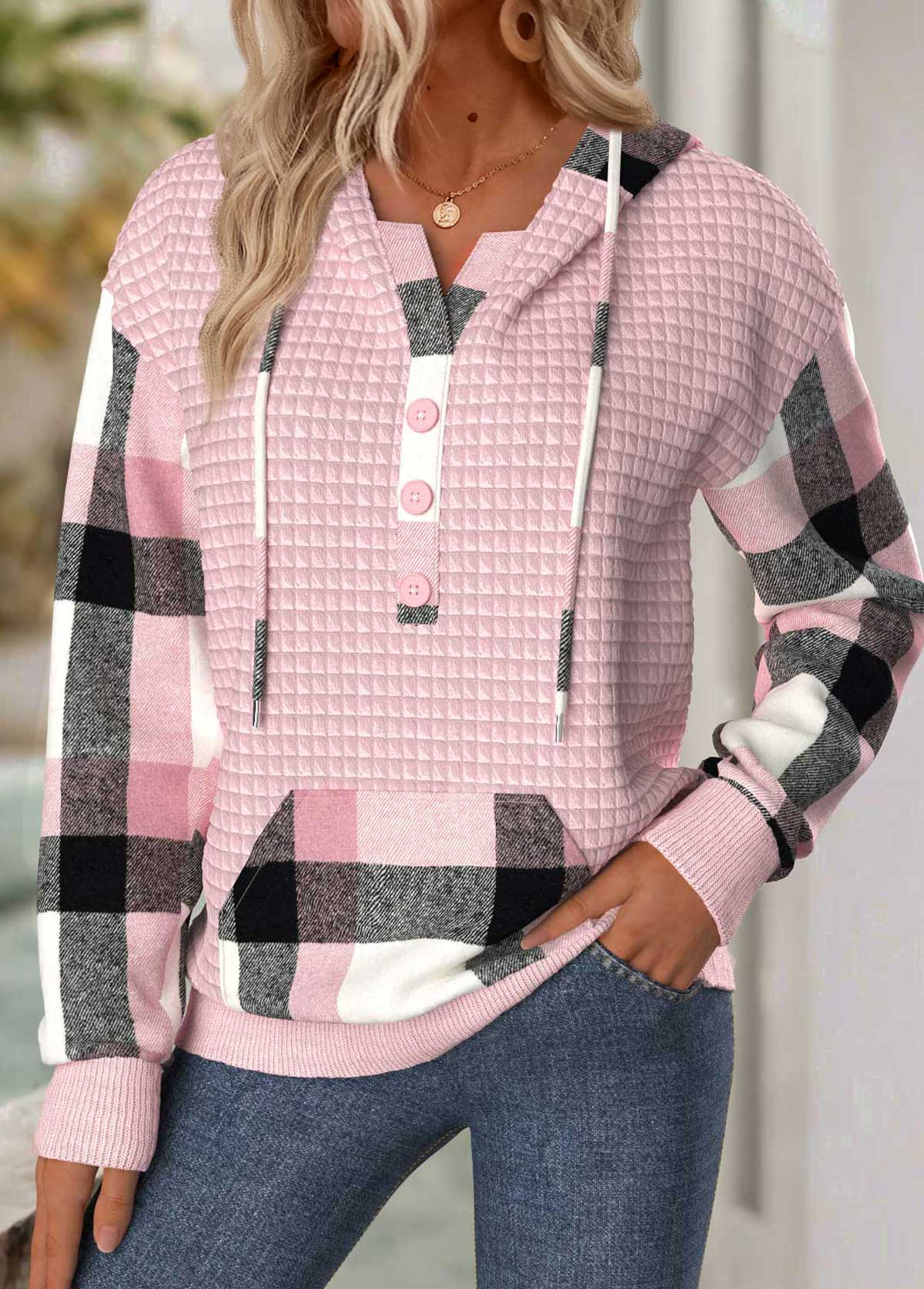 Plaid Tummy Coverage Light Pink Long Sleeve Hoodie