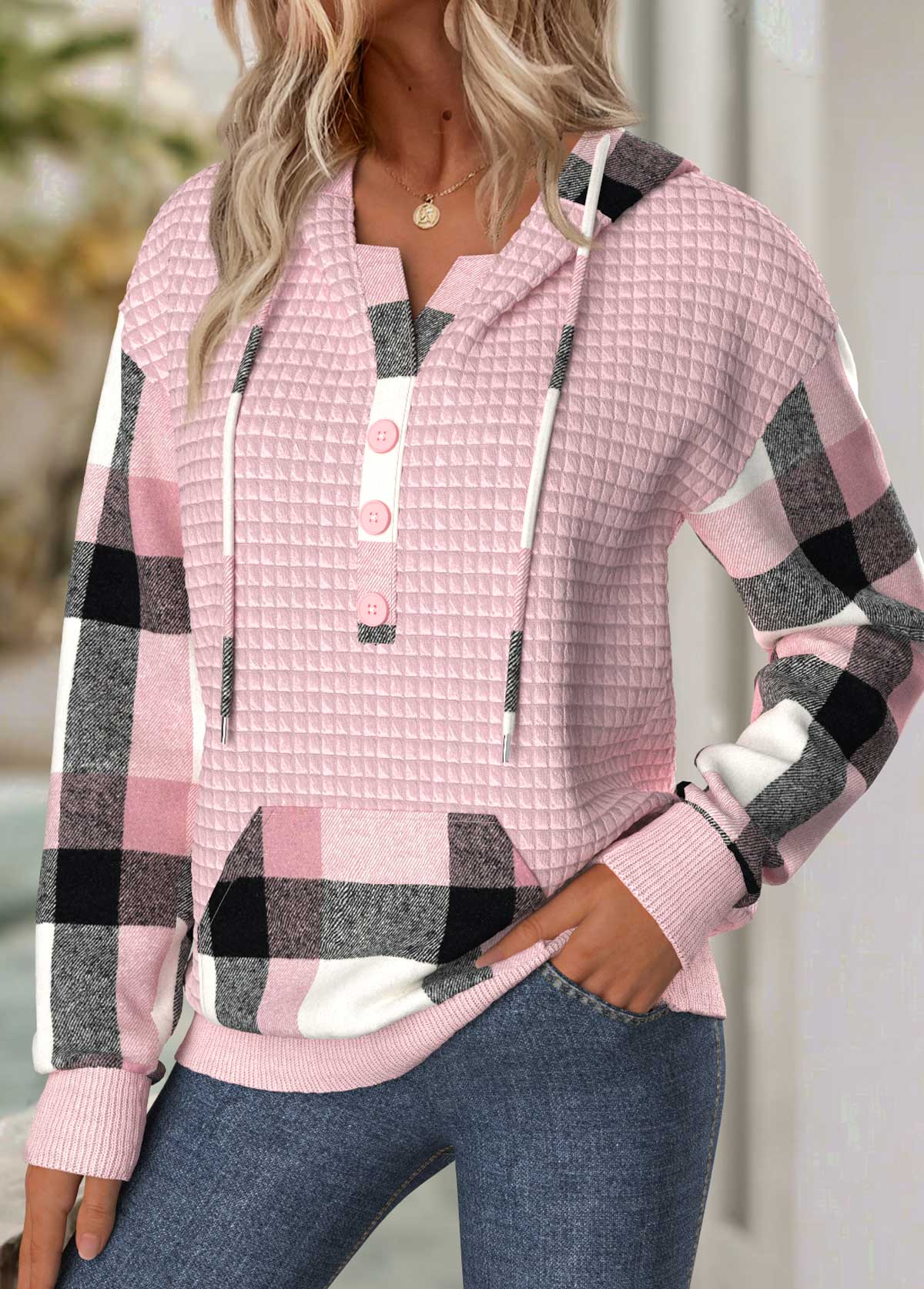Plaid Tummy Coverage Light Pink Long Sleeve Hoodie