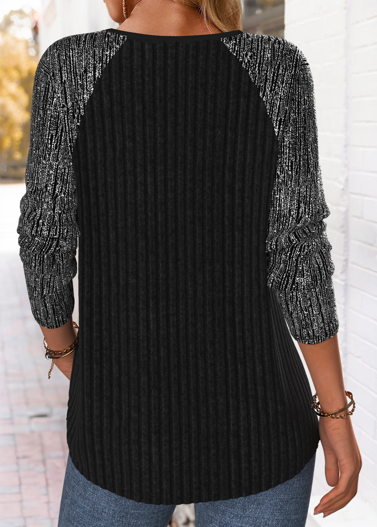 Tummy Coverage Black Long Sleeve Split Neck T Shirt