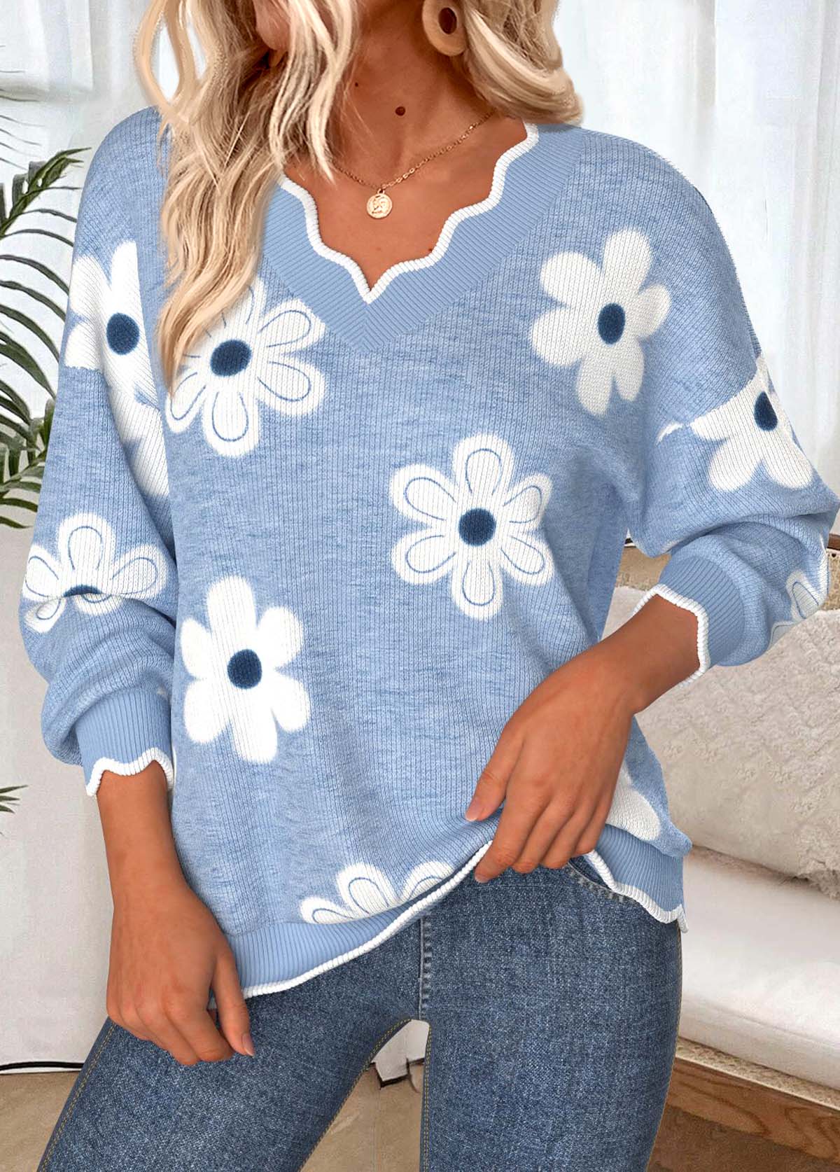 Floral Print Scalloped Hem Dusty Blue Long Sleeve Sweatshirt