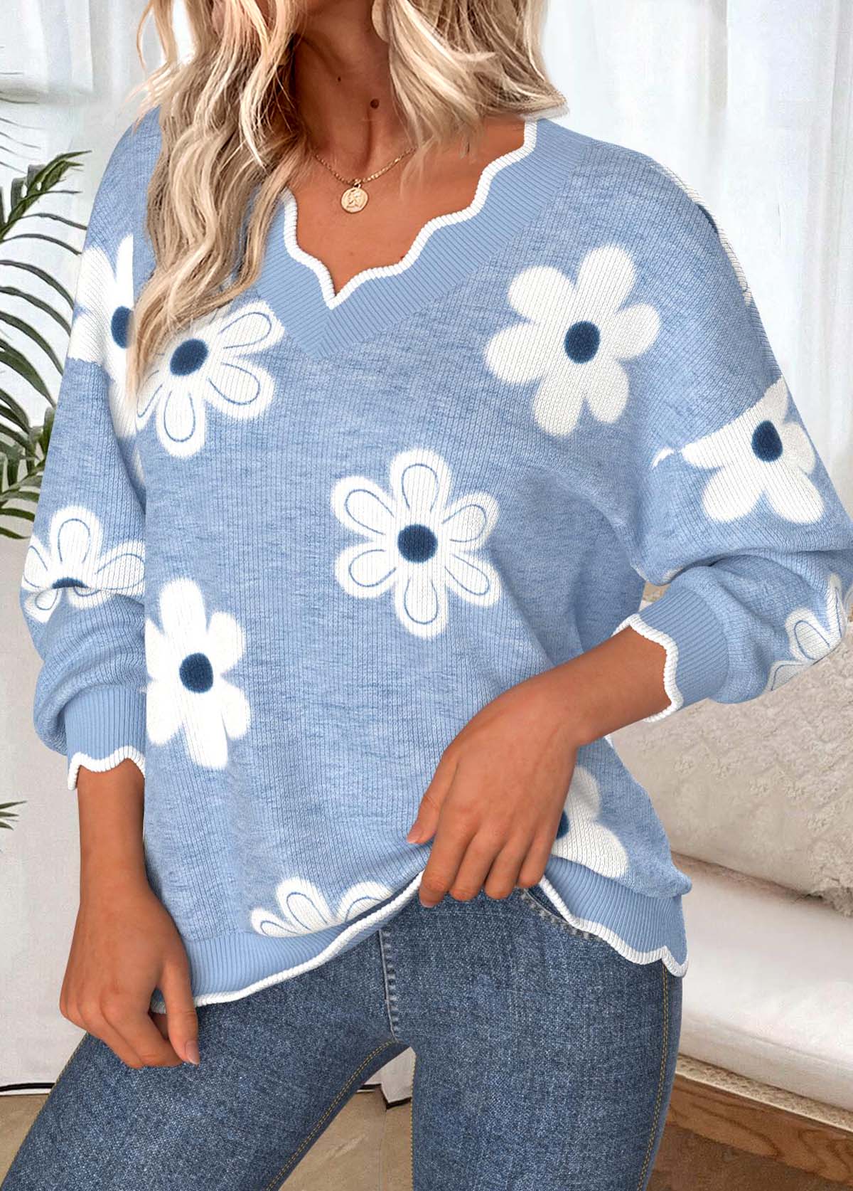 Floral Print Scalloped Hem Dusty Blue Long Sleeve Sweatshirt