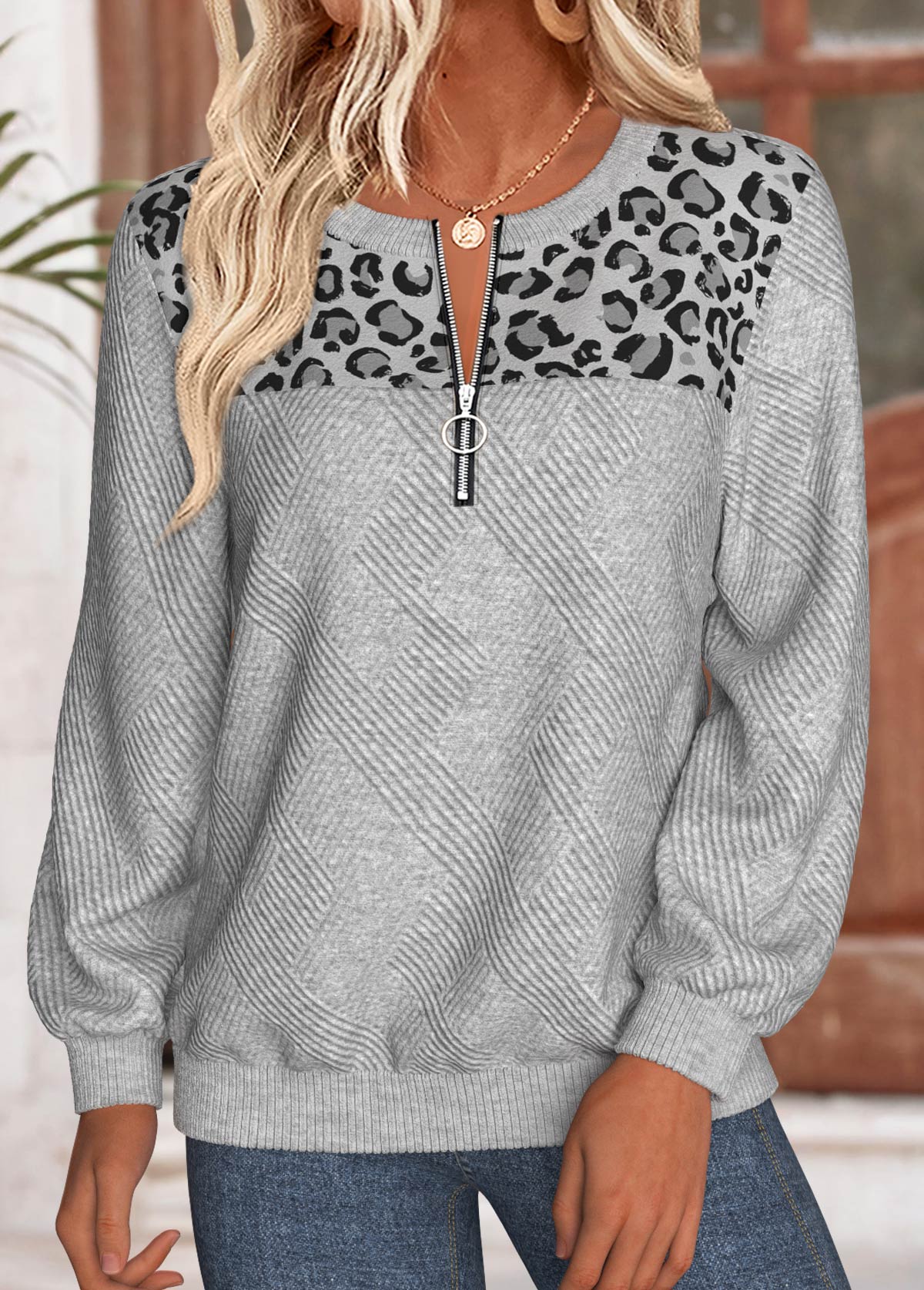 Leopard Tummy Coverage Light Grey Marl Long Sleeve Sweatshirt