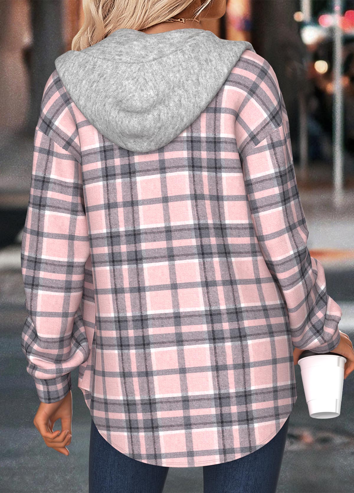 Plaid Tummy Coverage Light Pink Long Sleeve Hoodie