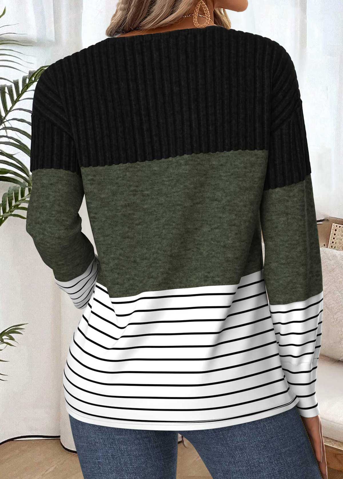 Striped Tummy Coverage Olive Green Long Sleeve T Shirt