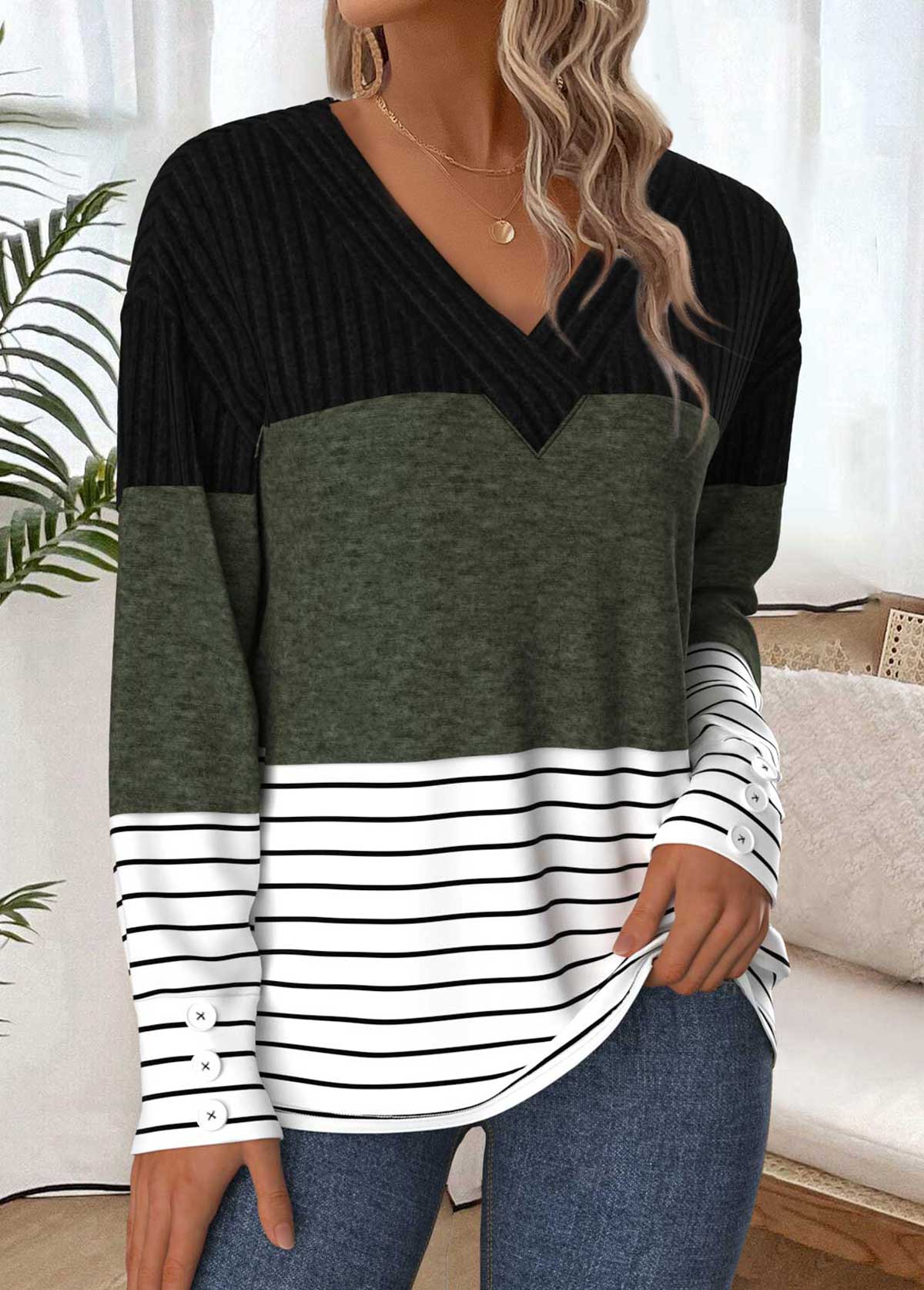Striped Tummy Coverage Olive Green Long Sleeve T Shirt
