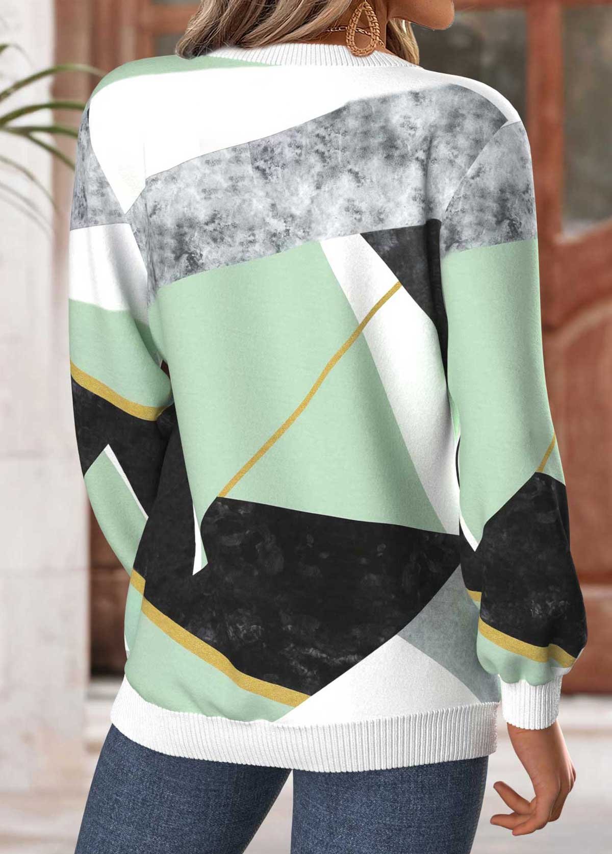 Geometric Print Tummy Coverage Mint Green Long Sleeve Sweatshirt