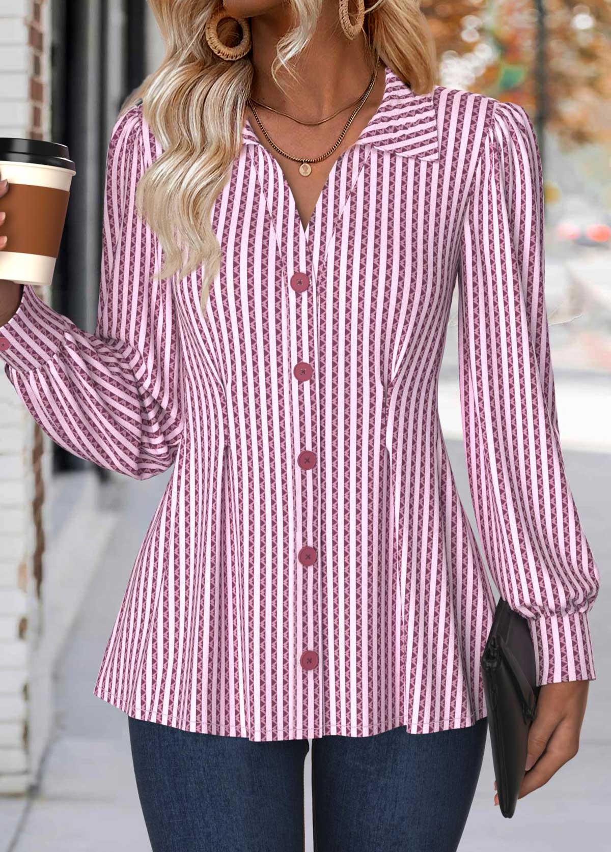 Striped Tummy Coverage Light Pink Long Sleeve Shirt