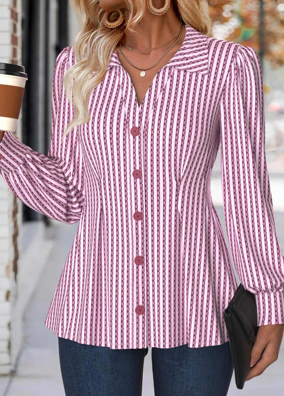 Striped Tummy Coverage Light Pink Long Sleeve Shirt