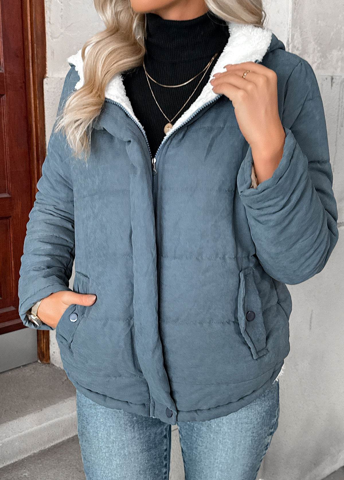 Tummy Coverage Denim Blue Long Sleeve Hooded Coat