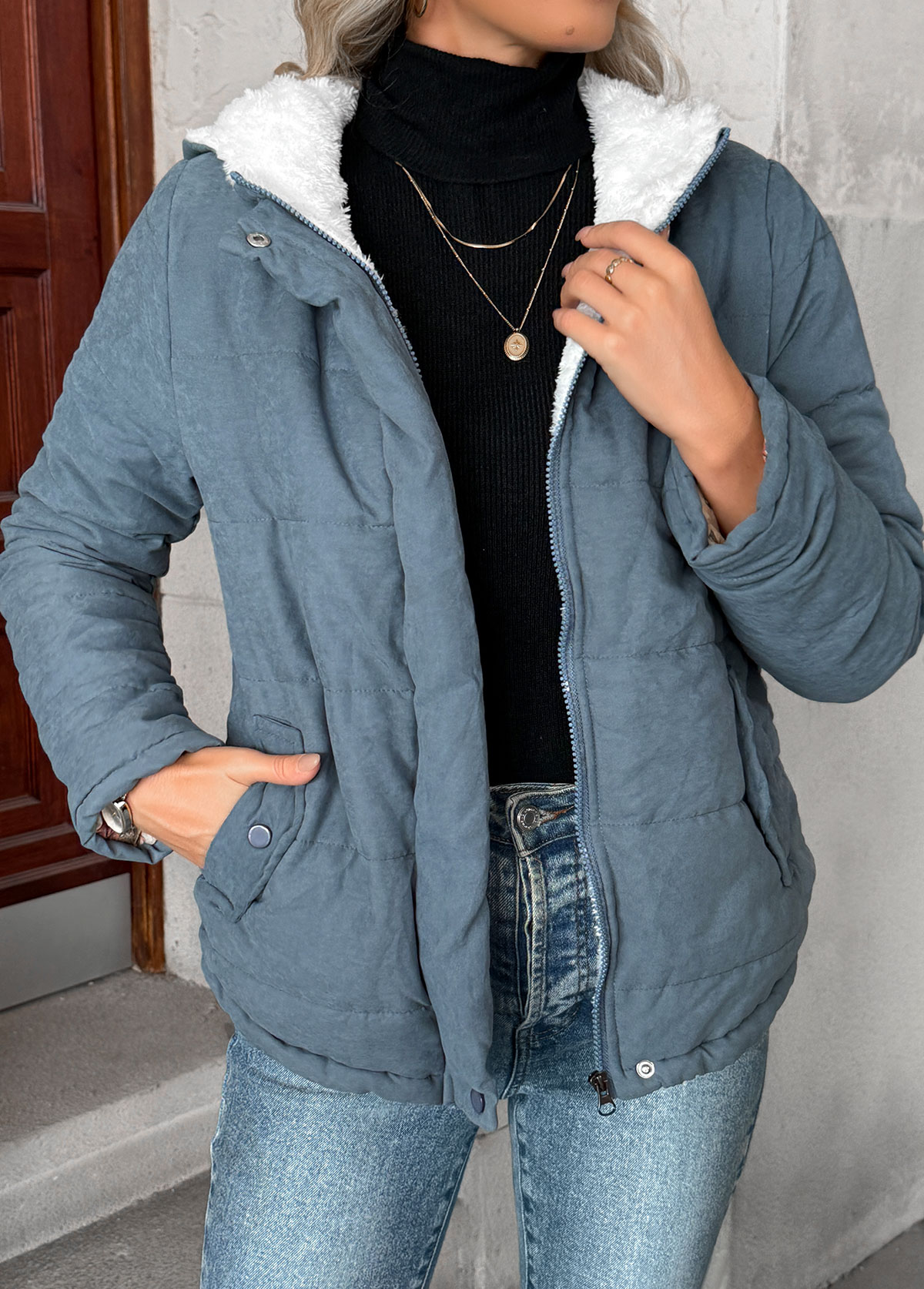 Tummy Coverage Denim Blue Long Sleeve Hooded Coat