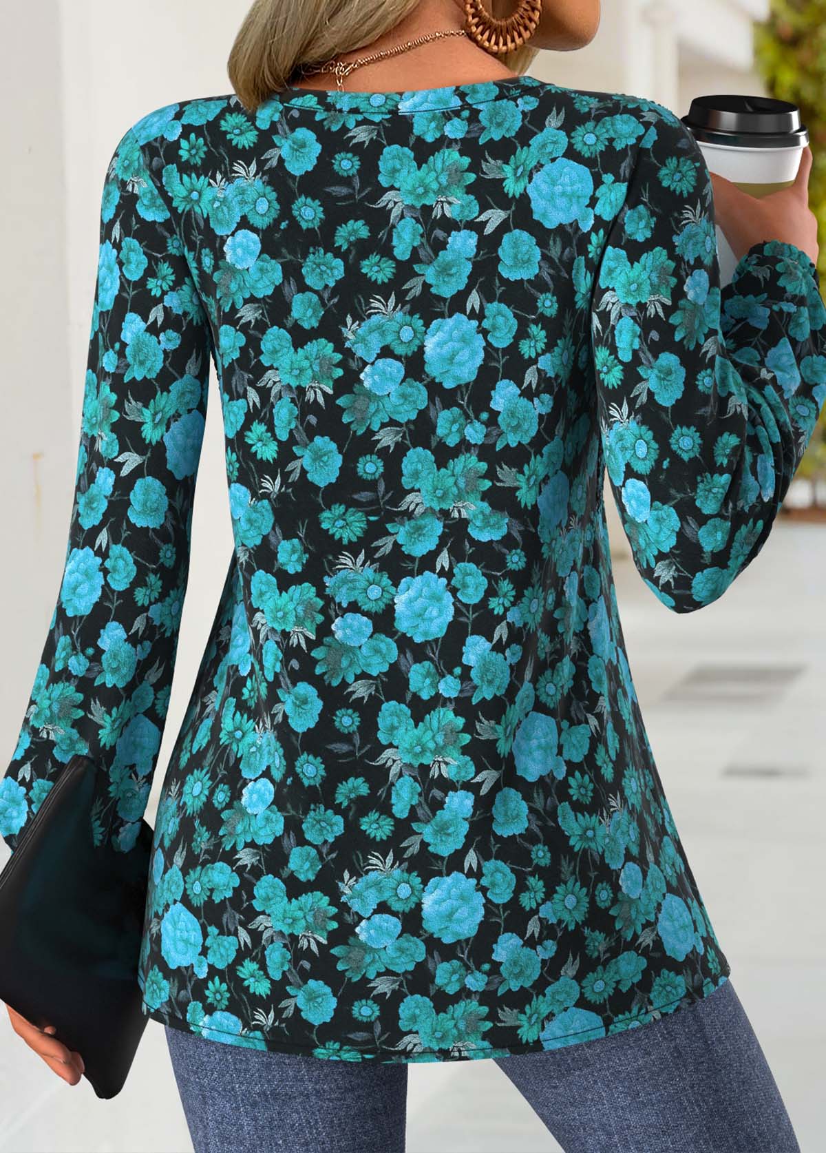 Floral Print Peplum Mint Green Long Sleeve Split Neck Blouse