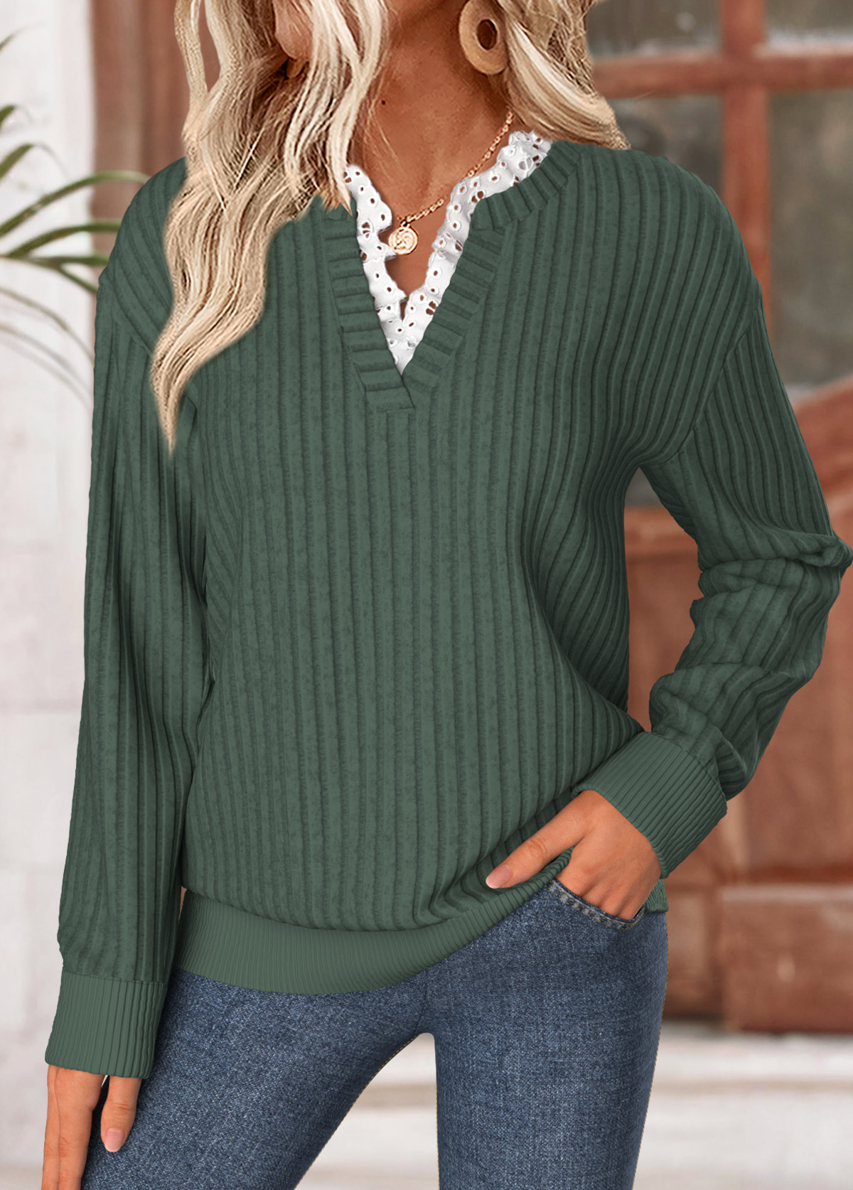Frill Green Long Sleeve Split Neck Sweatshirt