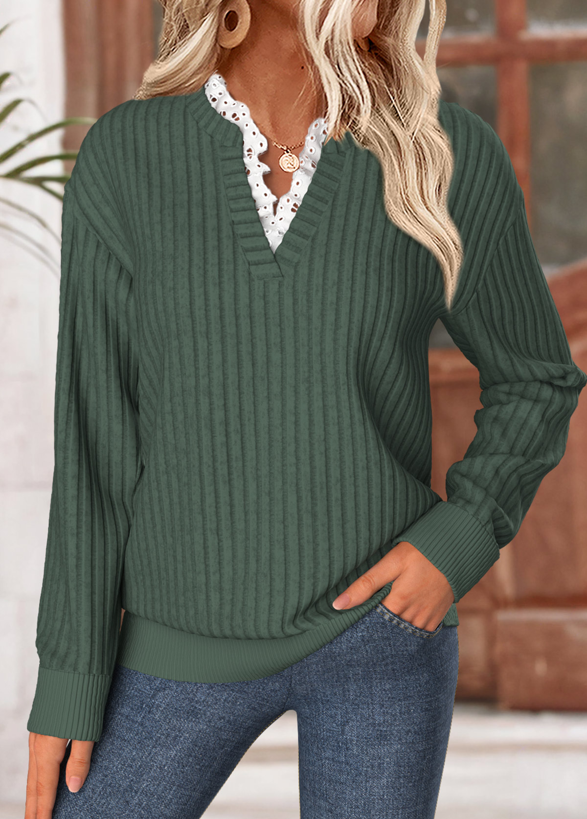 Frill Green Long Sleeve Split Neck Sweatshirt