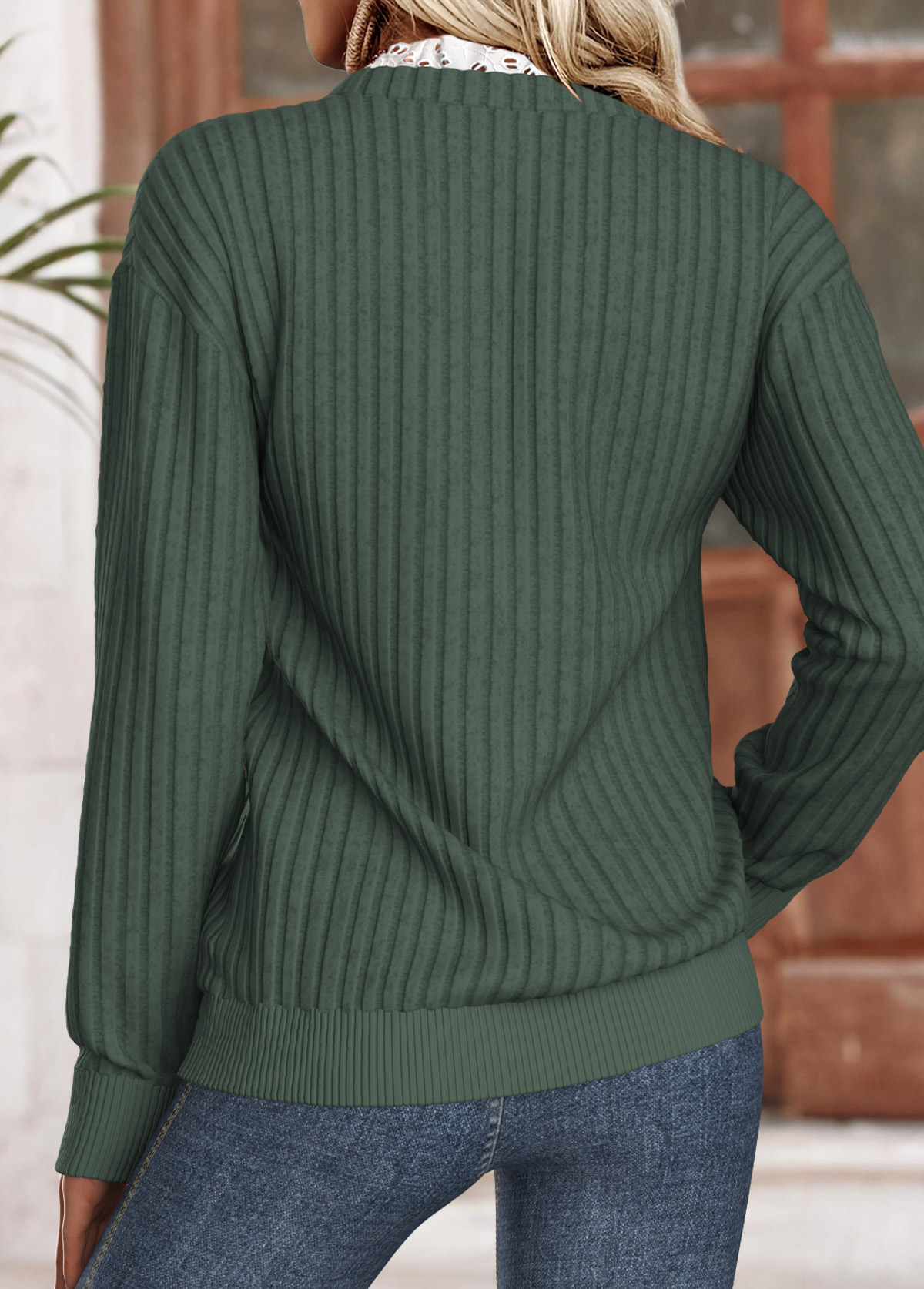 Frill Green Long Sleeve Split Neck Sweatshirt
