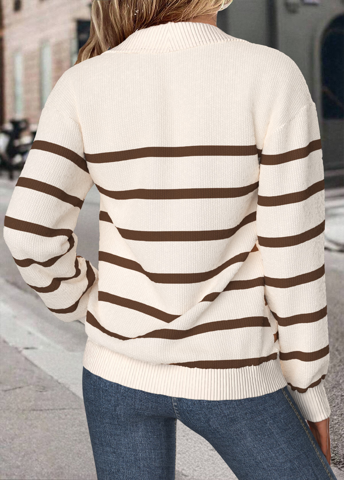 Striped Tummy Coverage Beige Long Sleeve Sweatshirt