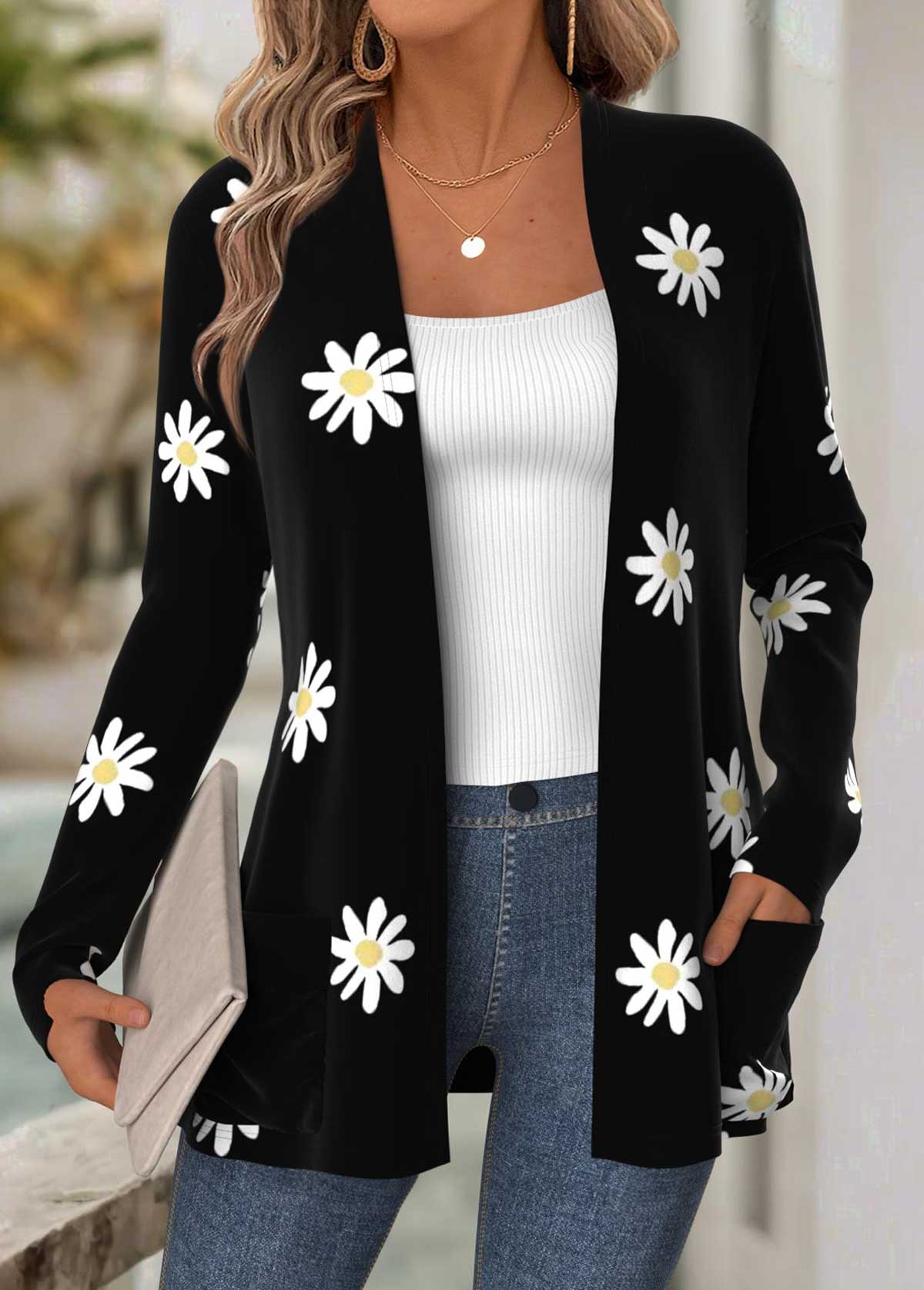 Floral Print Tummy Coverage Black Long Sleeve Coat