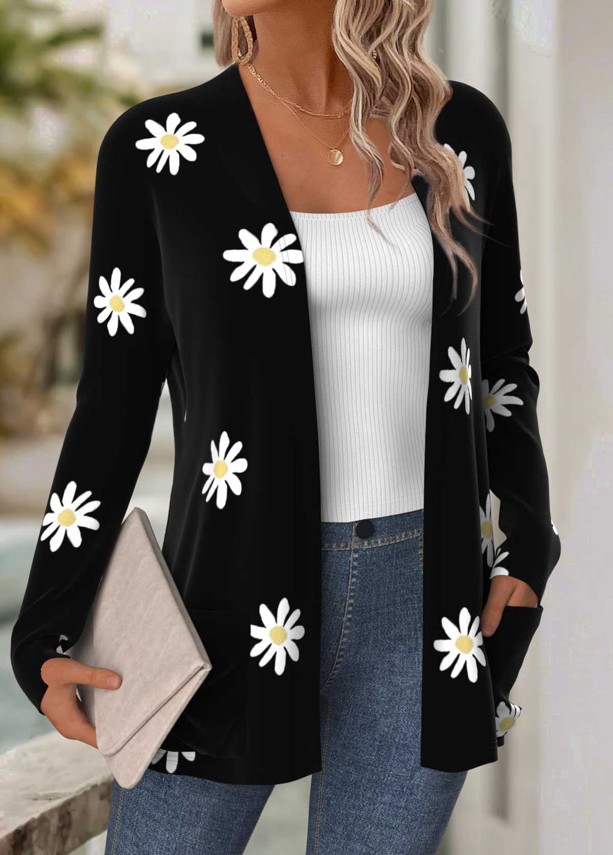 Floral Print Tummy Coverage Black Long Sleeve Coat