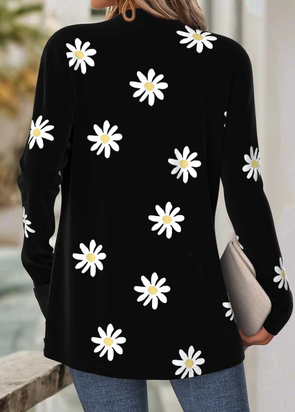 Floral Print Tummy Coverage Black Long Sleeve Coat
