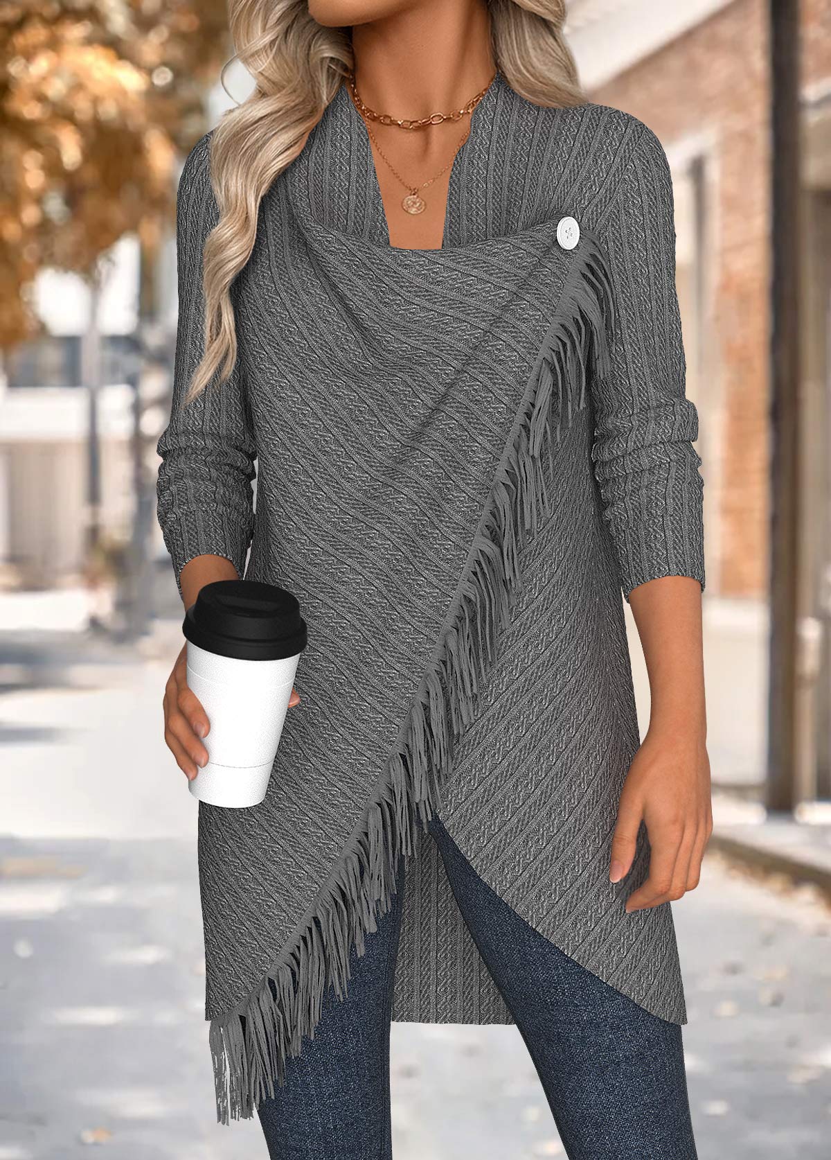 Tummy Coverage Grey Long Sleeve Draped Neck Coat