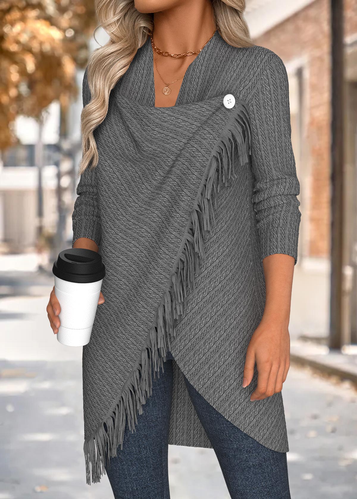 Tummy Coverage Grey Long Sleeve Draped Neck Coat