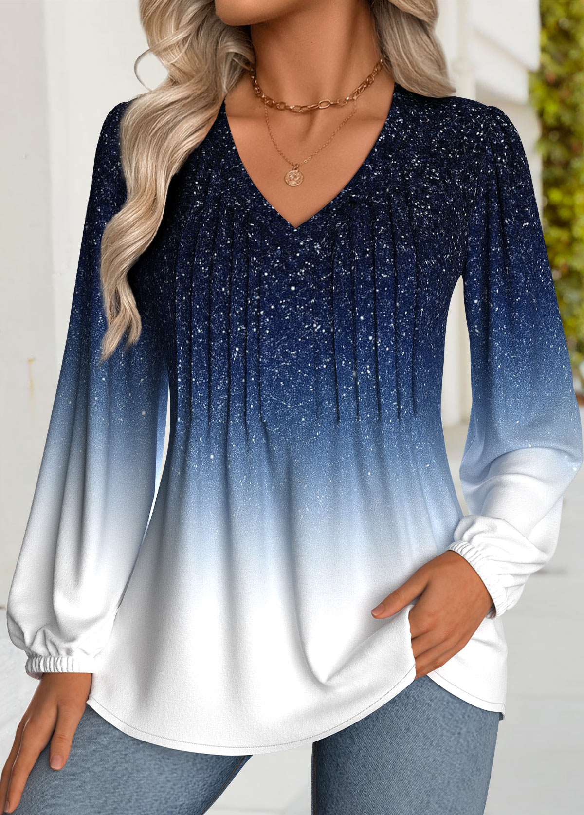 Ombre Tummy Coverage Dark Blue Long Sleeve T Shirt