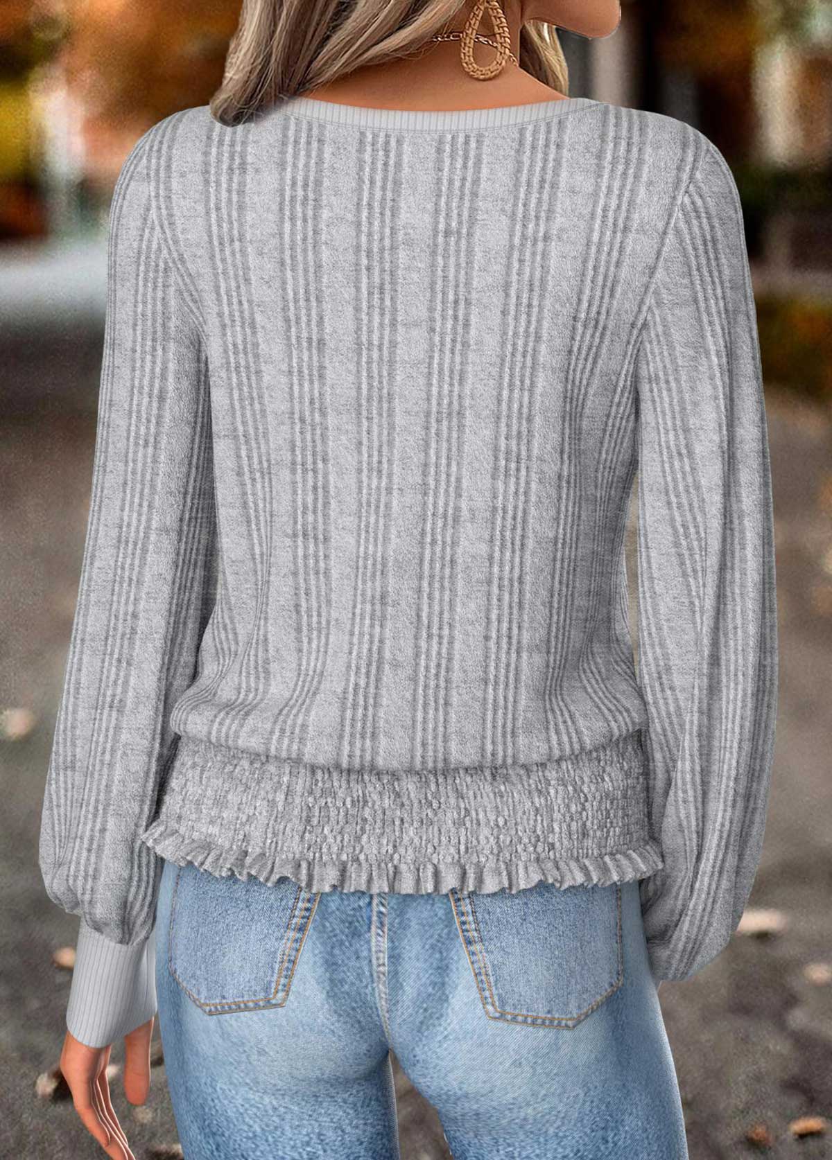 Tummy Coverage Grey Long Sleeve Round Neck T Shirt