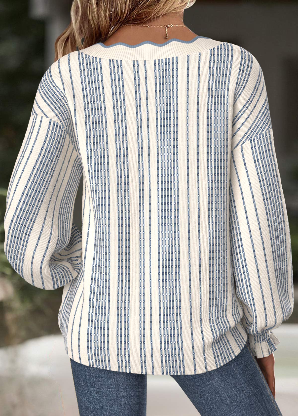 Striped Tummy Coverage Beige Long Sleeve V Neck Sweatshirt