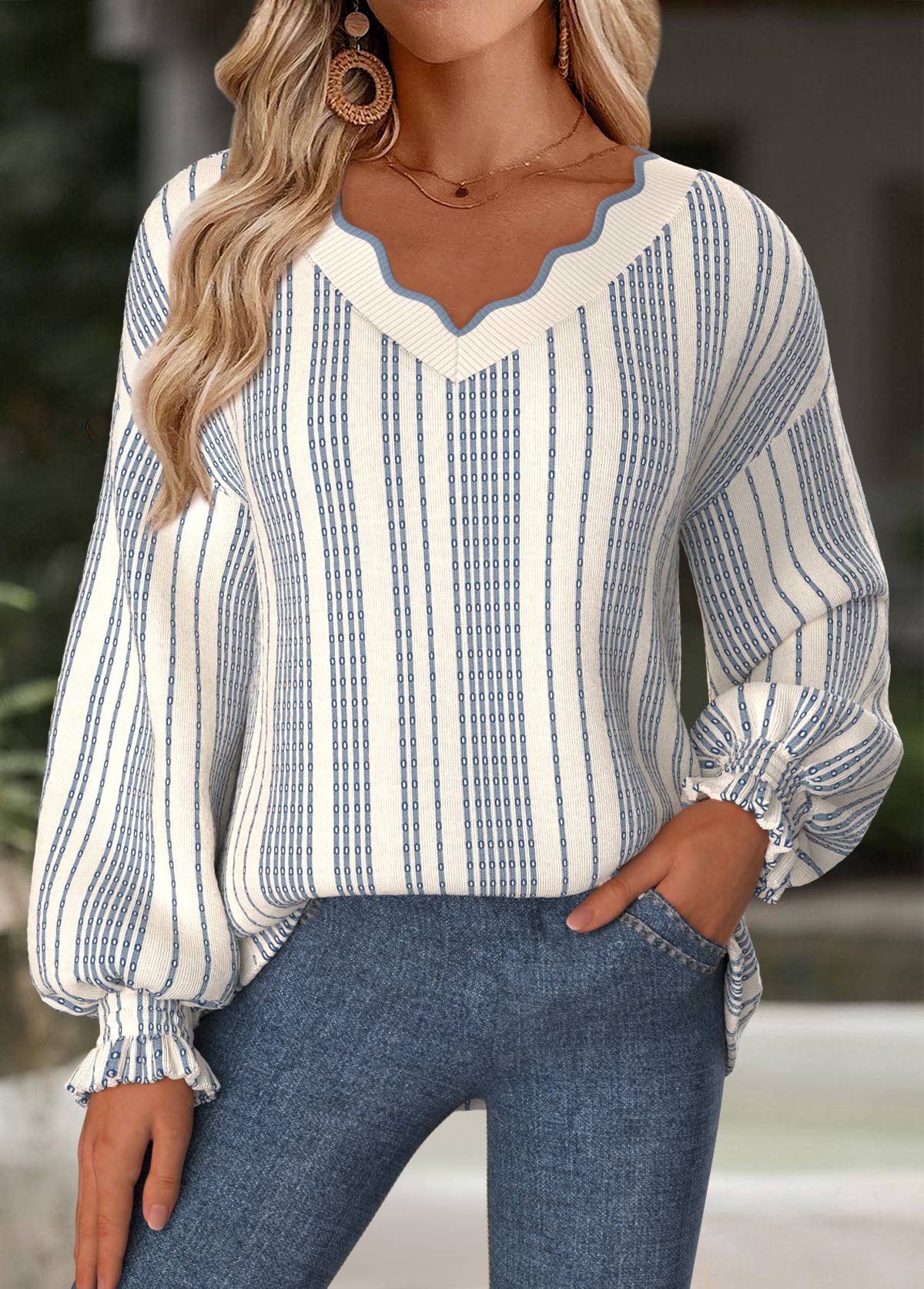 Striped Tummy Coverage Beige Long Sleeve V Neck Sweatshirt