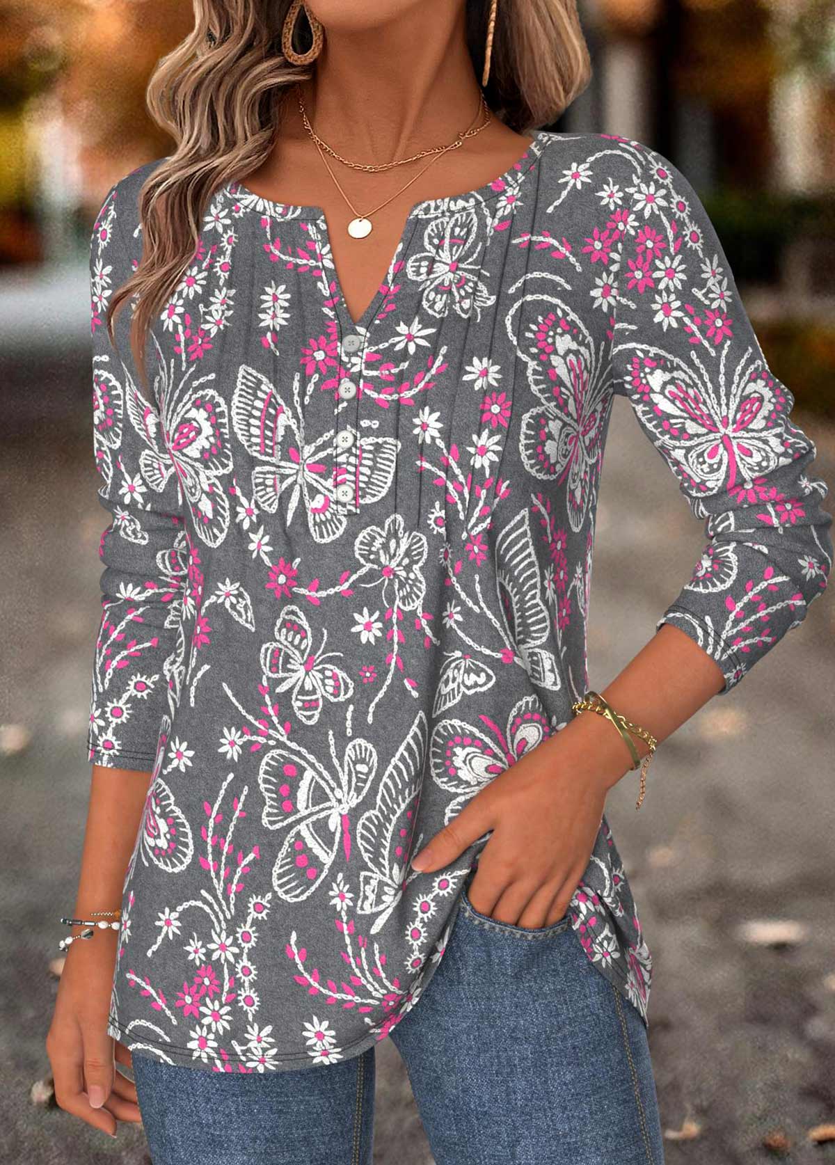 Butterfly Print Tummy Coverage Dark Grey Marl T Shirt