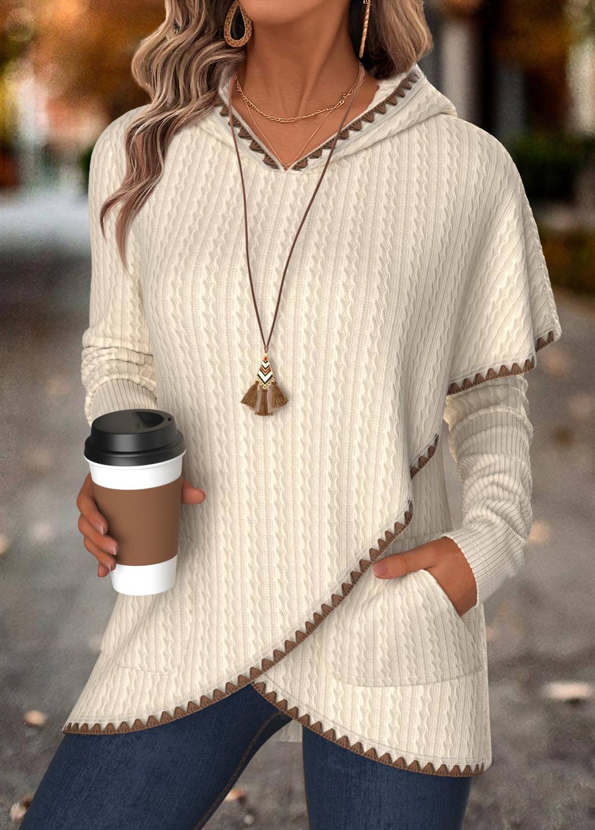 Tummy Coverage Beige Long Sleeve Hoodie