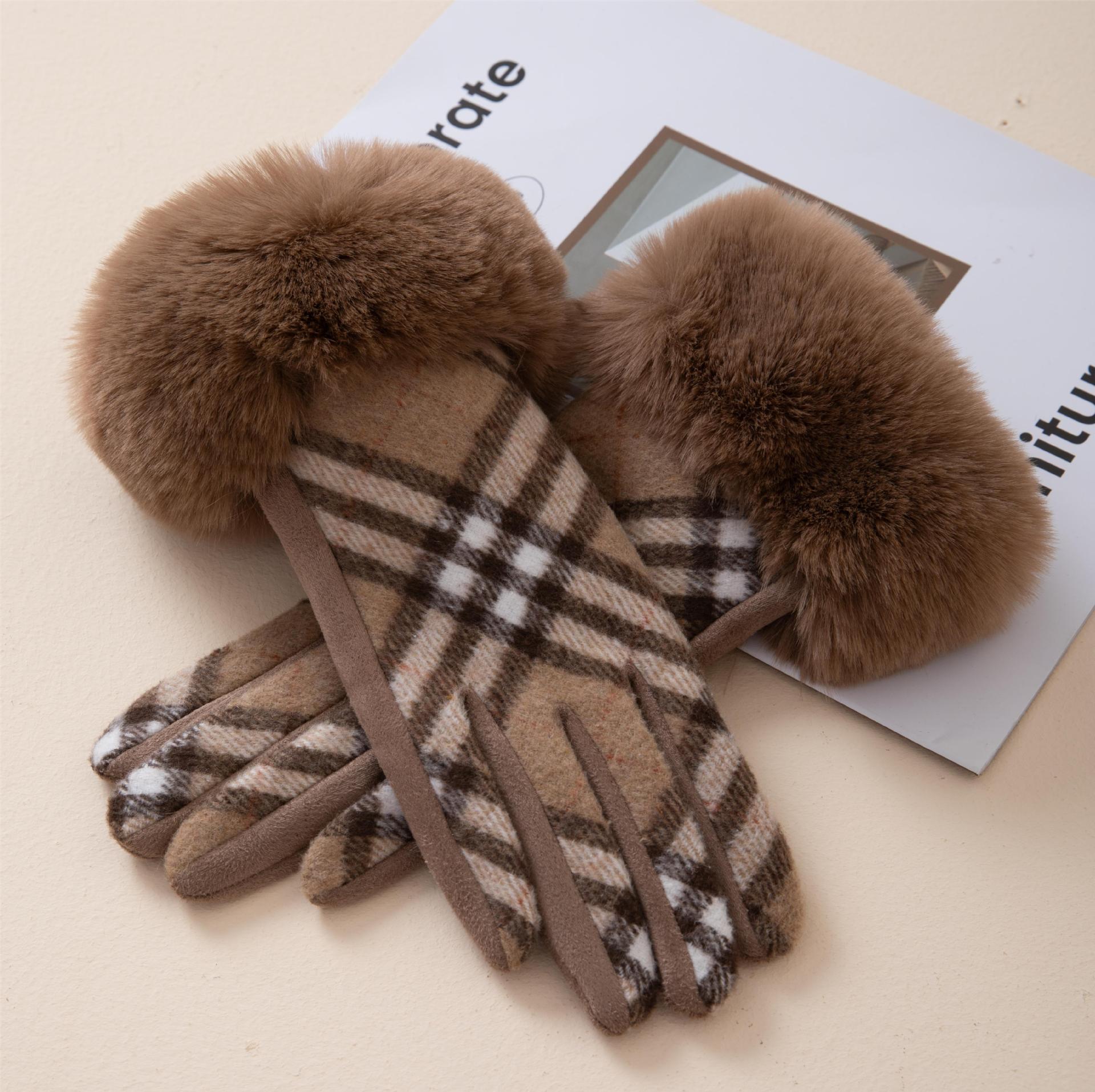 Light Coffee Wrist Plaid Warming Full Finger Gloves