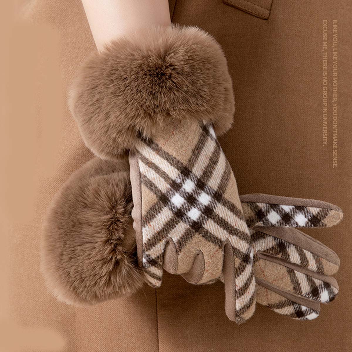 Light Coffee Wrist Plaid Warming Full Finger Gloves