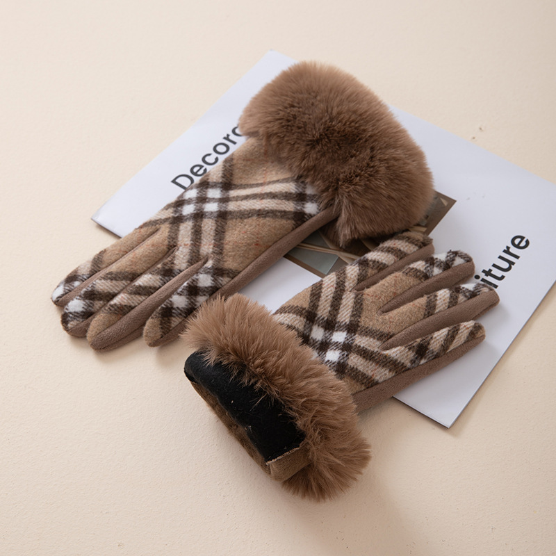 Light Coffee Wrist Plaid Warming Full Finger Gloves