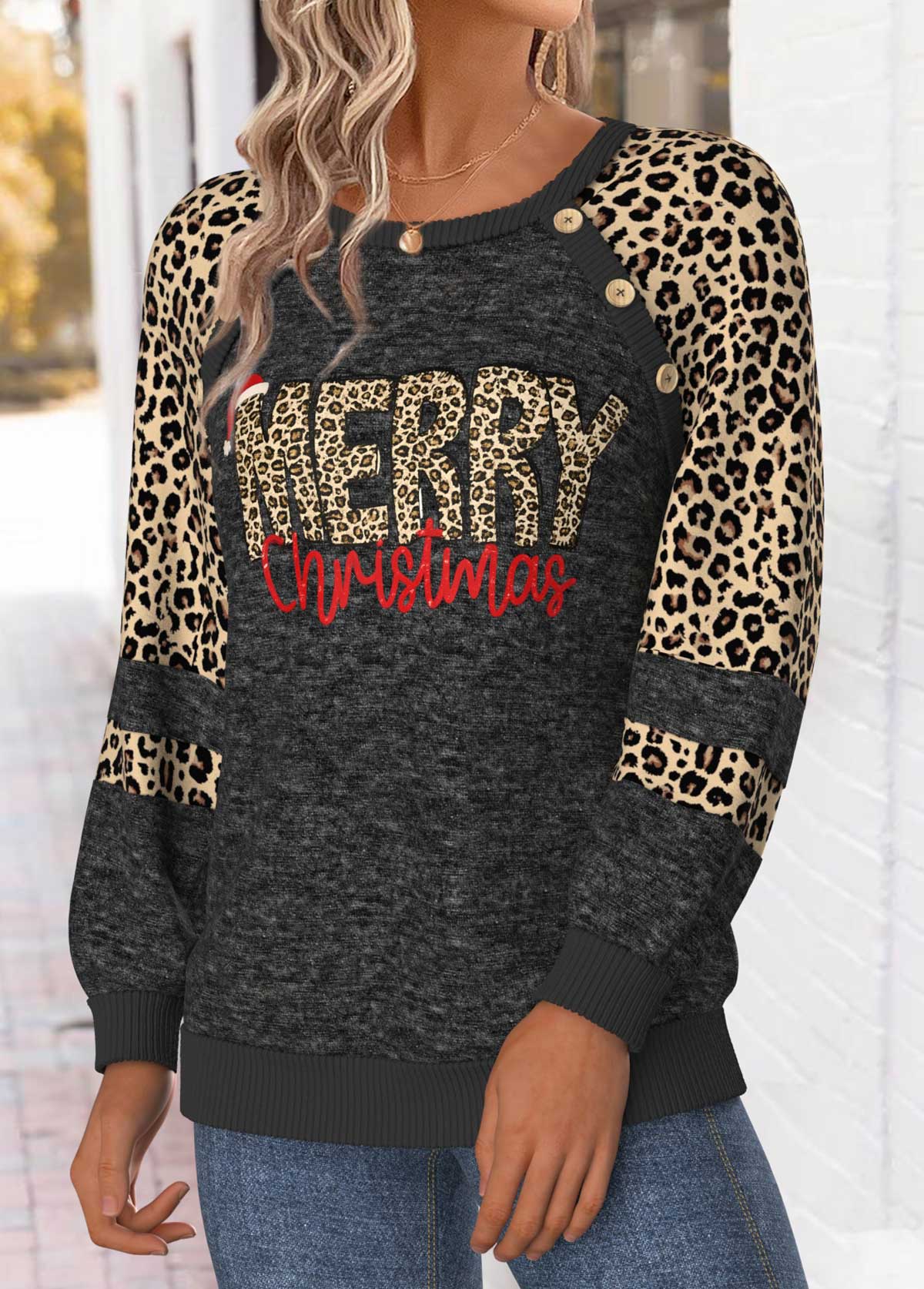 Christmas Tummy Coverage Black Long Sleeve Round Neck Sweatshirt
