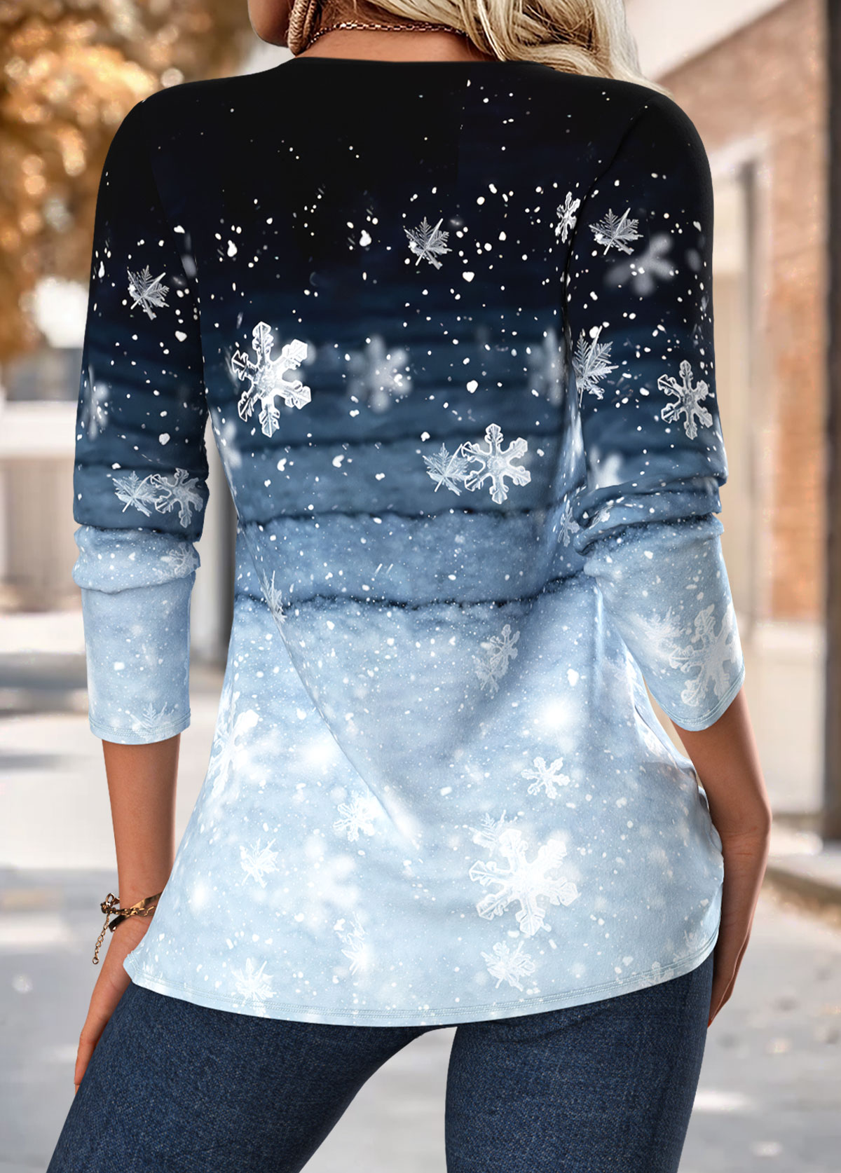 Snowflake Print Tuck Stitch Blue Long Sleeve Blouse