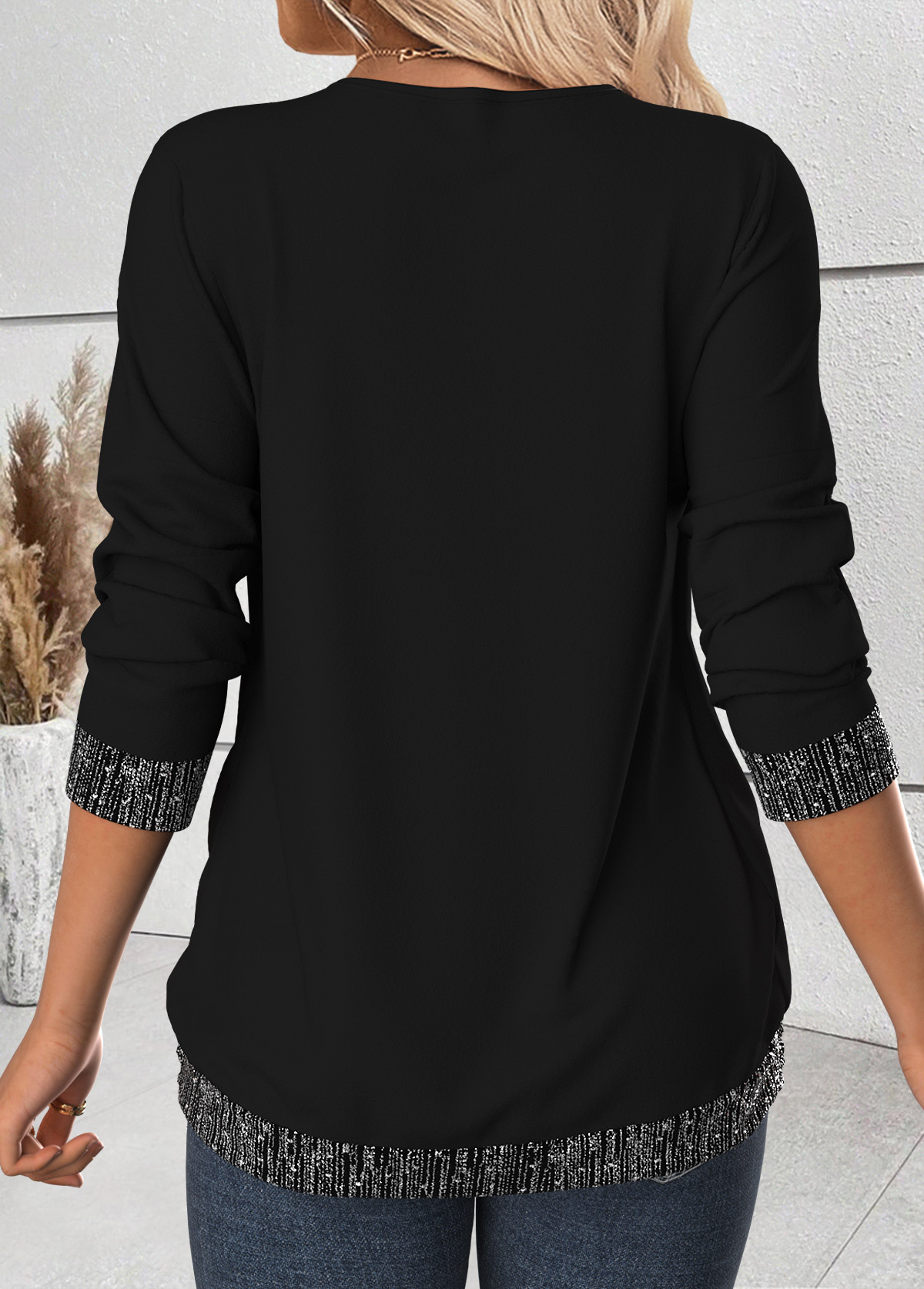 Tummy Coverage Black Long Sleeve Draped Neck T Shirt