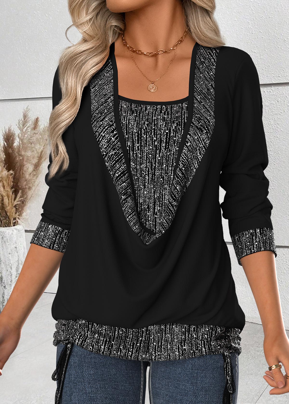 Tummy Coverage Black Long Sleeve Draped Neck T Shirt