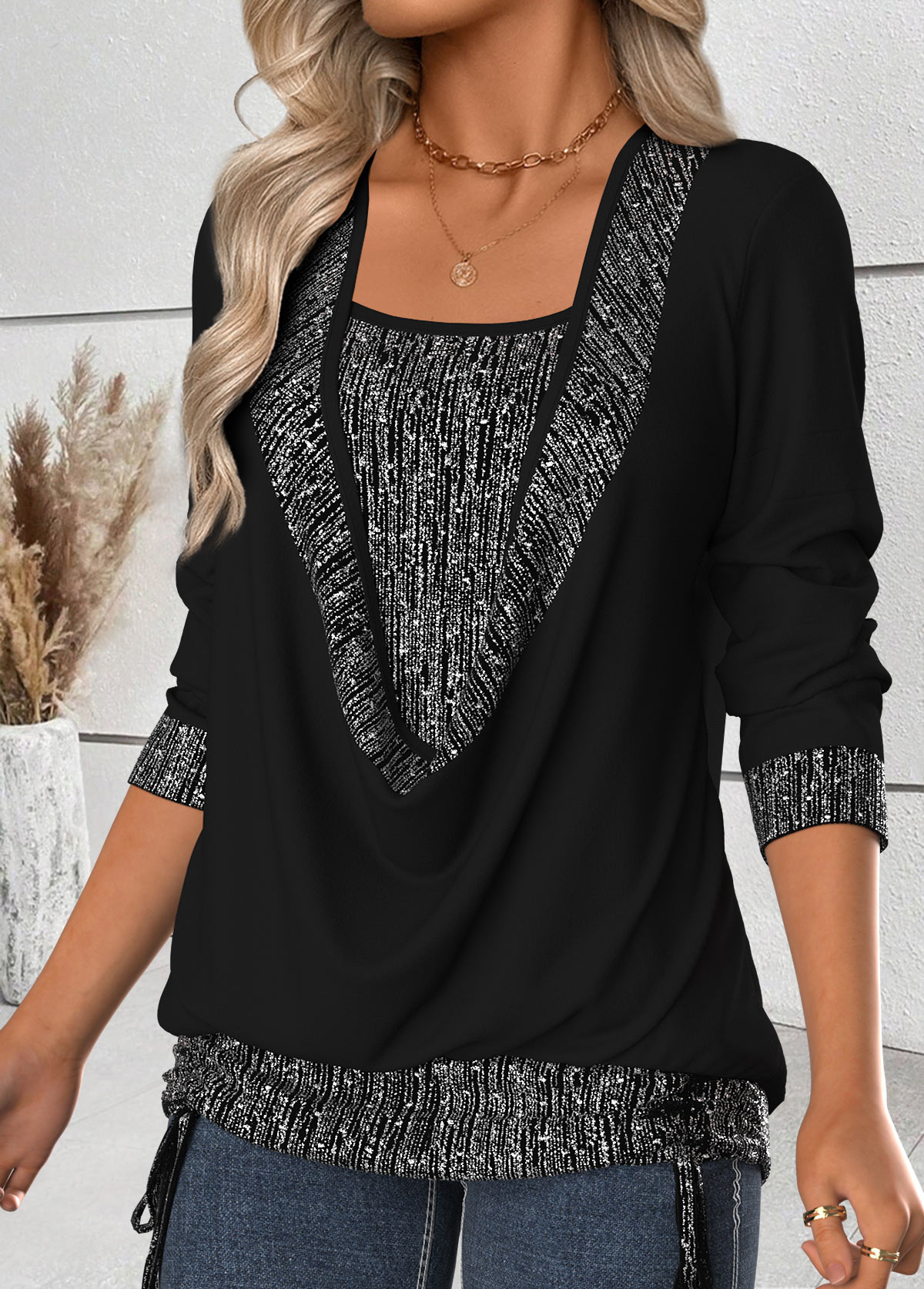 Tummy Coverage Black Long Sleeve Draped Neck T Shirt