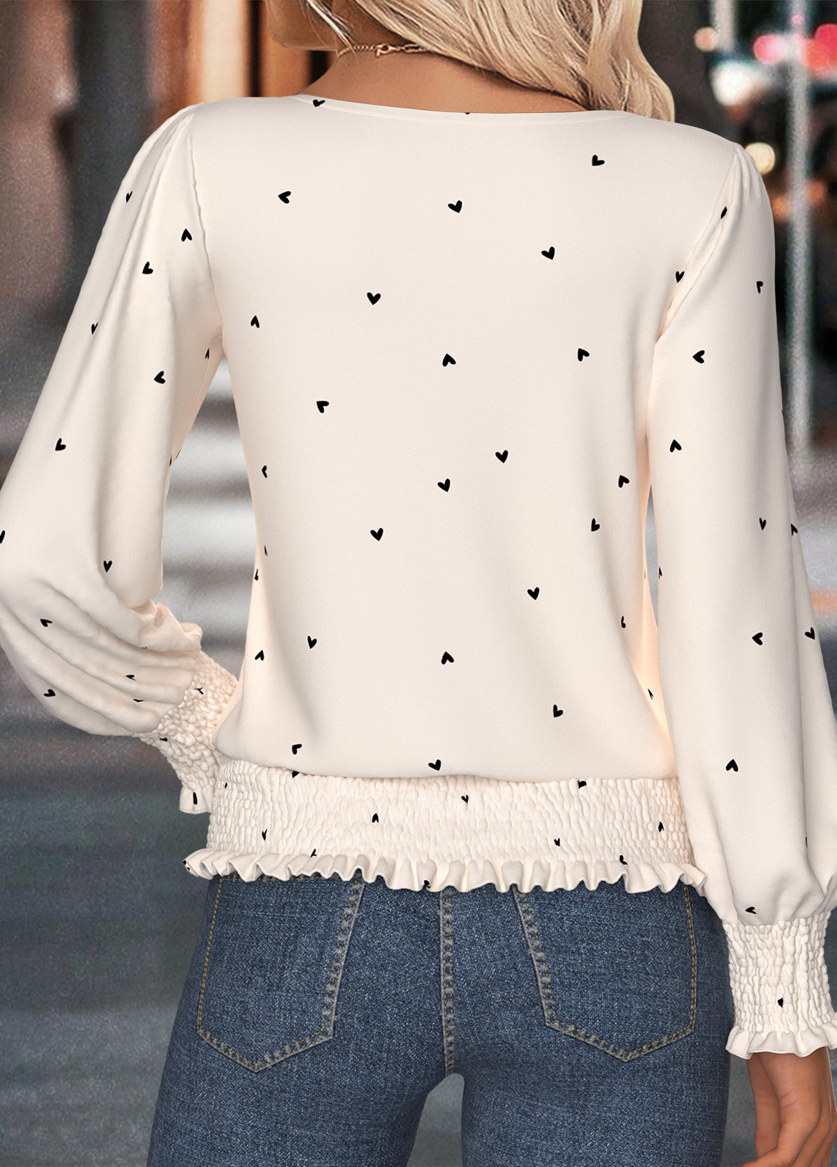 Heart Print Smocked Beige Long Sleeve T Shirt