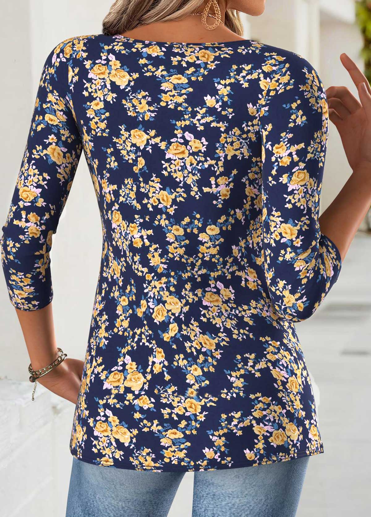 Floral Print Tummy Coverage Navy Long Sleeve T Shirt
