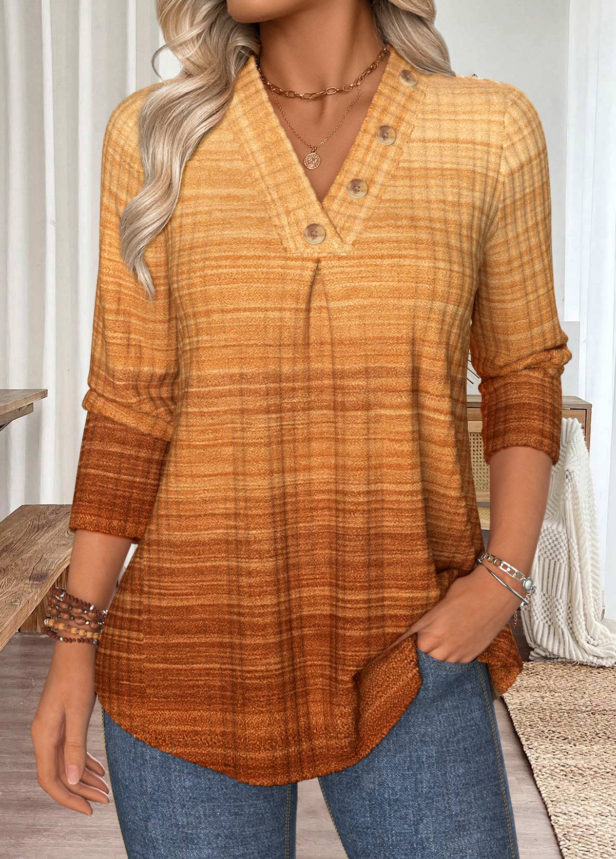 Ombre Tummy Coverage Light Camel Long Sleeve T Shirt