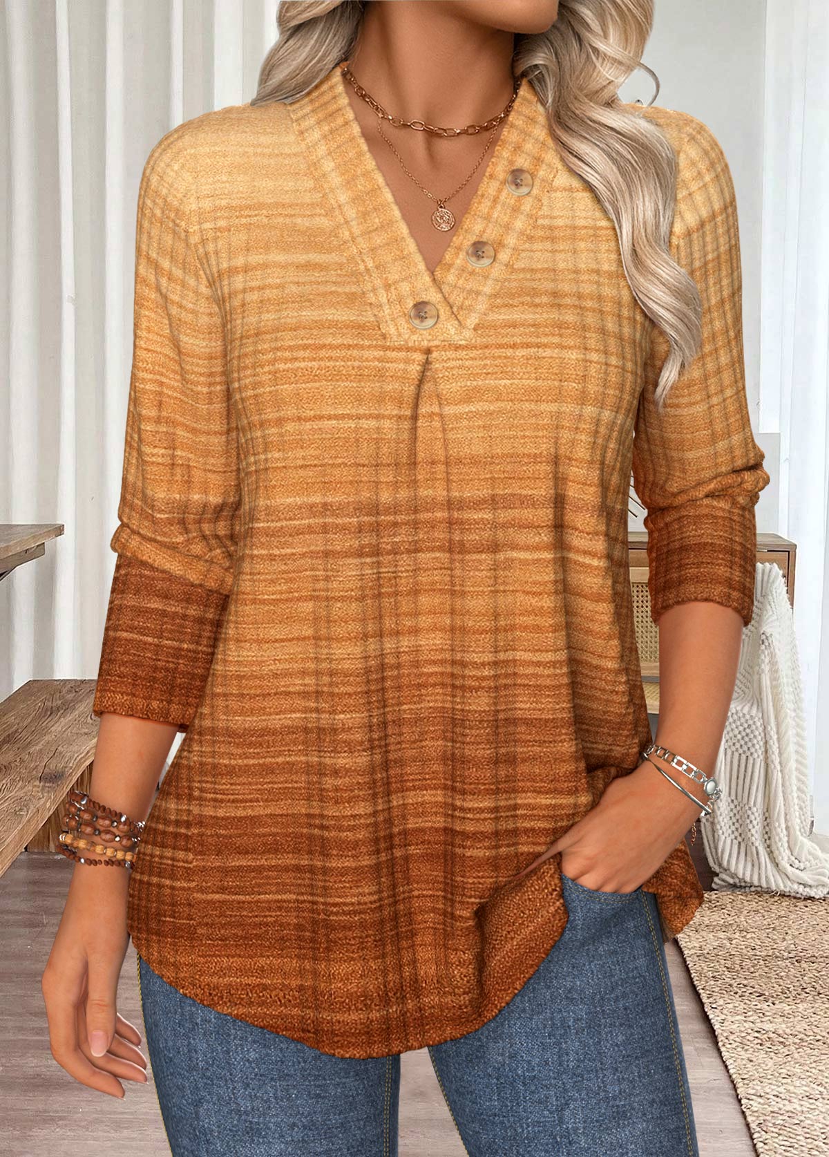 Ombre Tummy Coverage Light Camel Long Sleeve T Shirt