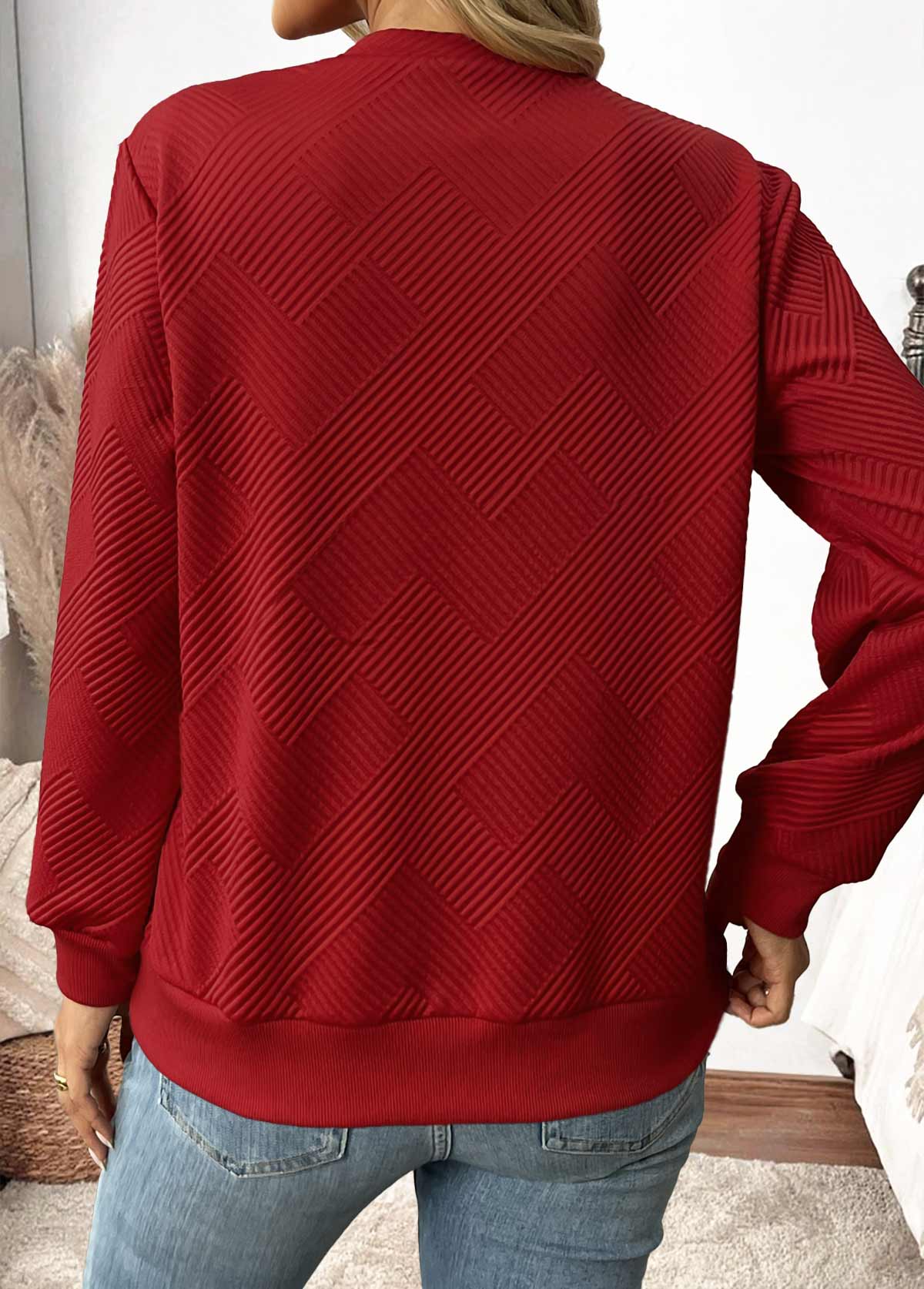 Button Wine Red Long Sleeve Asymmetrical Neck Sweatshirt