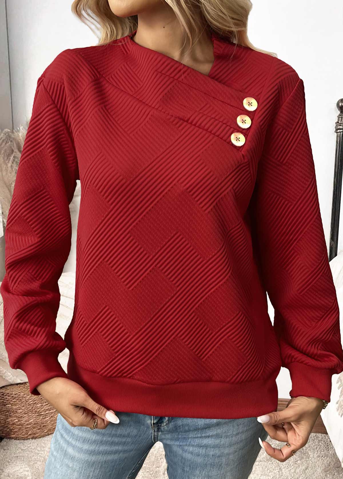 Button Wine Red Long Sleeve Asymmetrical Neck Sweatshirt