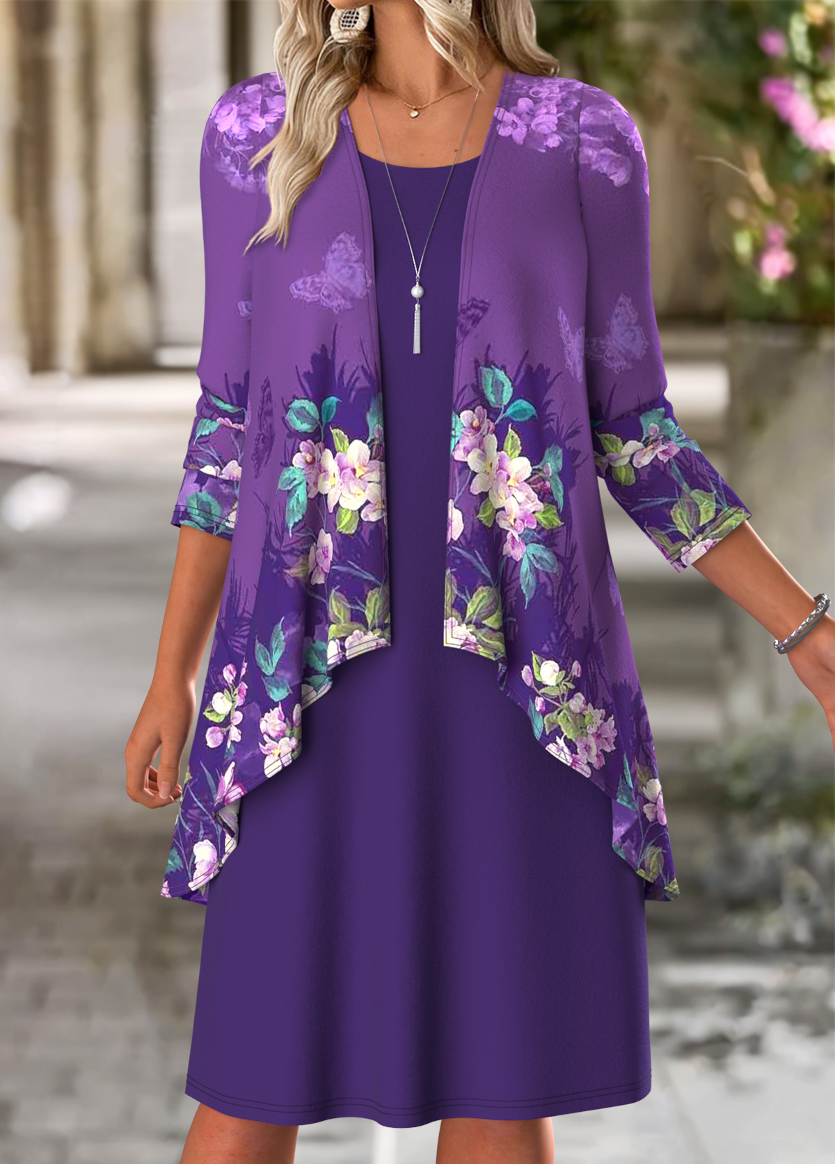 Floral Print Tummy Coverage Purple Dress and Cardigan