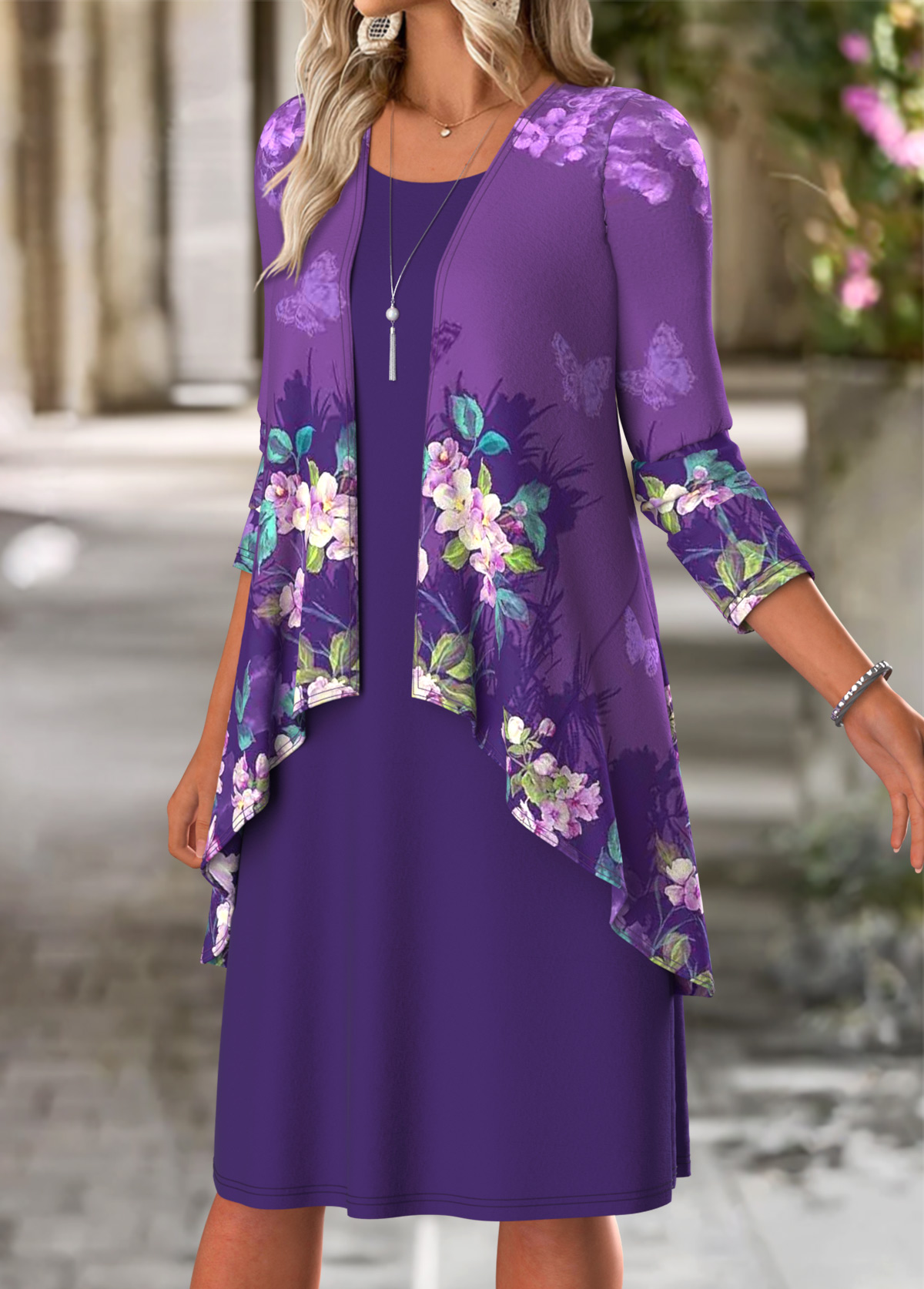 Floral Print Tummy Coverage Purple Dress and Cardigan