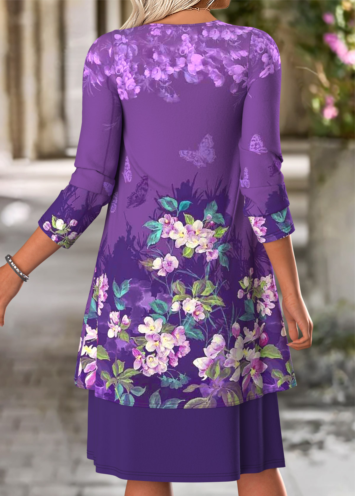 Floral Print Tummy Coverage Purple Dress and Cardigan