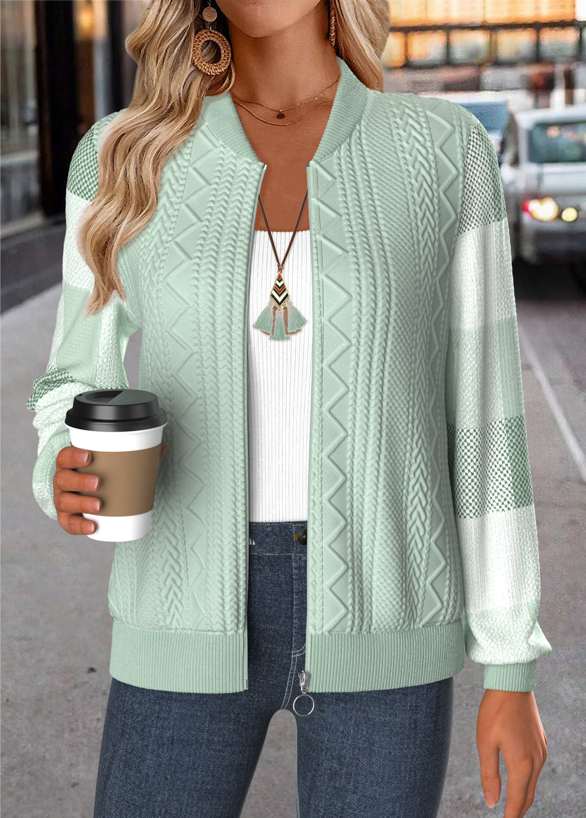 Plaid Tummy Coverage Light Green Long Sleeve Jacket